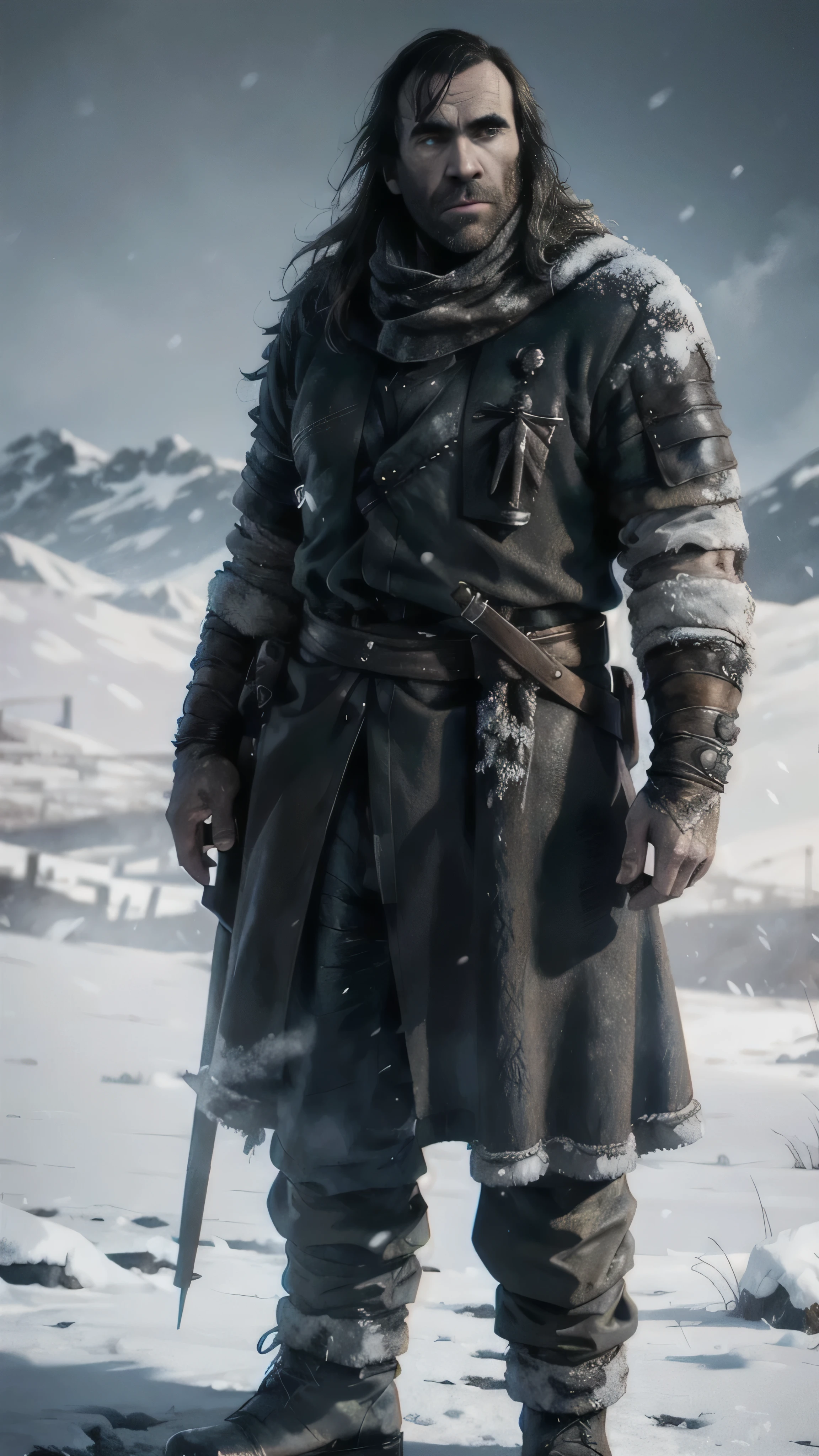 frostpunk, ((Rory McCann)) as Sandor Clegane, burn on face, disheveled long hair, coat, gun, standing on a field, winter, snow, (1man), (solo), (full body view), beautiful detailed glow, detailed, cinematic light, intricate detail, realistic, highres, detailed facial features, high detail, sharp focus, smooth, aesthetic, extremely detailed, stamp, octane render