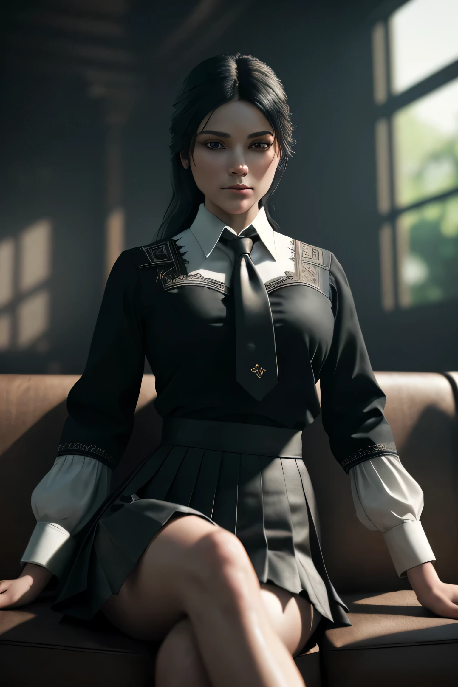 (masterpiece), (extremely intricate:1.3), (realistic), a girl, (dark fantasy, gore), (dynamic perspective), the most beautiful in the world, (kick viewers lightly), indoors, from below, shirt, tie, pleated skirt, smirk, on the couch, Aomori, Haifa, professional photograph of a stunning woman detailed, sharp focus, dramatic, award winning, cinematic lighting, octane render unreal engine, volumetrics dtx, (film grain, blurry background, blurry foreground, depth of field)