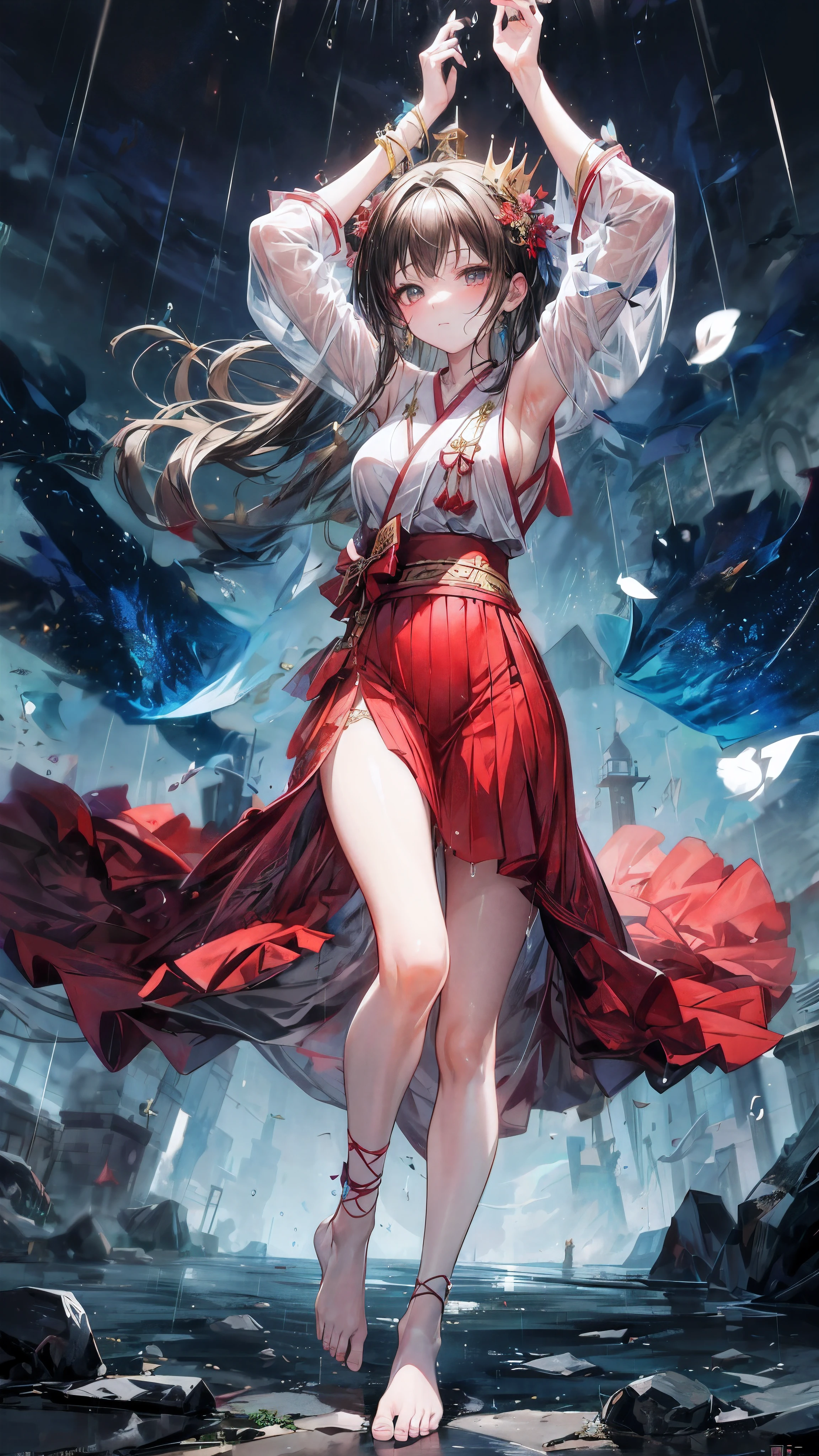 (full body), (solo), (A 7-year-old girl:1.2), (very young little girl), loli, (Solo), (small breast), (wide angle), raw photo, Aesthetic, Convoluted, Awarded, chiaroscuro, Best Quality, Detailed background, (Misty atmosphere:1.2), (hard rainy day:1.1),((Girl in very long costumes of shrine witches:1.2)), detailxl, Girls wearing sacred costumes of shrine witches perform ancient divine dance on cliff near shrine, Her presence is a resistance to the storm. The scene before us is both captivating and surreal. Her outfits are a testament to purity and tradition, Seemingly beyond the chaos of the storm. The white kimono is soaked,cling tightly to her body, its fabric becomes almost translucent in floodwaters, Revealing her inner indomitable spirit. So did she, Gorgeous red tapestry, now dark due to heavy rain, With every elegant step, Every wrinkle and crease silently bears witness to the solemnity of the night. Despite the bad weather, Her bare feet still dance gracefully, Unforgettable and beautiful, Every tiny movement leaves a pious pattern on the damp stone. Hair styled casually from behind、hanging down defiantly, Occasionally put it on her cheeks and forehead, Give her an extraordinary temperament. White sandalwood paper, Originally used to tie hair, Surrender to the wind and rain, Let them float freely in the wind, Like participating in a sacred dance. The golden crown and hairpin on her head symbolize the person she admires, shine in lightning. Their presence silently announced the seriousness of her performance. Her Kagura dance is a spectacle of devotion and grace, Silent prayers become visible. Her every move, From the gentle swing of your arms to the precise steps of your bare feet, Weaving an invisible tapestry in the air, Sing to the gods amidst the din of the storm. Kagura bells are arranged in a seven-five-three arrangement, The crisp sound penetrated the sound of rain, Be a beacon of tranquility in the hustle and bustle. Five colorful ropes decorat