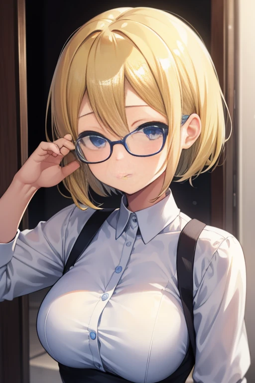 1 anime girl, secretary ,anatomically correct, blowjob, short orange hair, messy hair, very messy hair, beautiful blue eyes, nerdy glasses , tears in her eyes, small boobs, white office shirt unbuttoned, giving a blowjob to the viewer, dick in her mouth, deepthroat blowjob, oral sex, blowjob pov, 8k, best quality