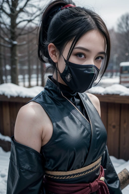 Grown-up girl, big breast, short black hair, high ponytail, Brown eyes, mask, blue shinobi kimono, Sleeveless, Sub-Zero, Cold, ice, blizzard, Battle-ax, Masterpiece, hiquality, 4k, HD, Good detail