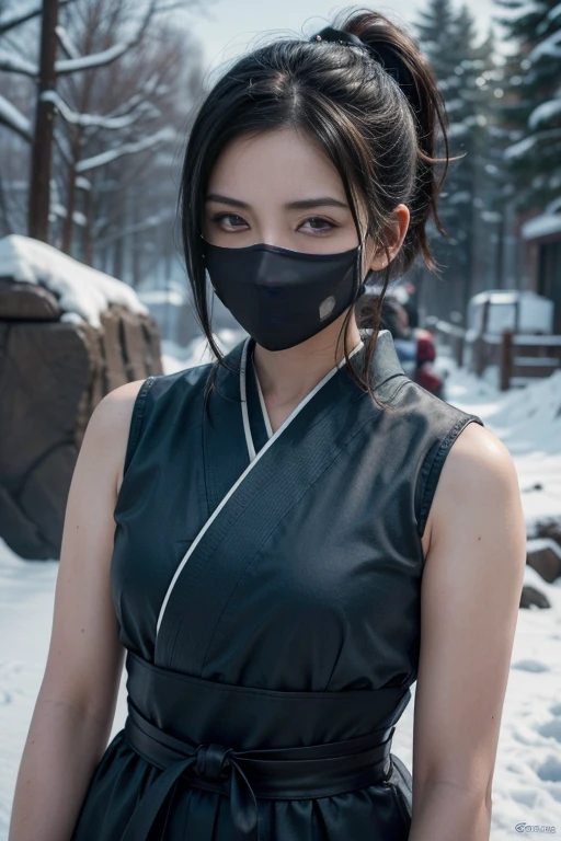 Grown-up girl, short black hair, high ponytail, Brown eyes, mask, blue shinobi kimono, Sleeveless, Sub-Zero, Cold, ice, blizzard, Battle-ax, Masterpiece, hiquality, 4k, HD, Good detail