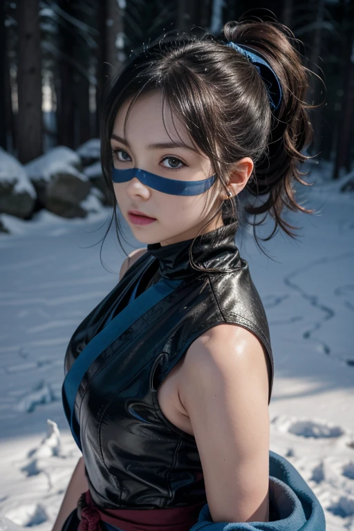 Grown-up girl, short black hair, high ponytail, Brown eyes, mask, blue shinobi kimono, Sleeveless, Sub-Zero, Cold, ice, blizzard, Battle-ax, Masterpiece, hiquality, 4k, HD, Good detail