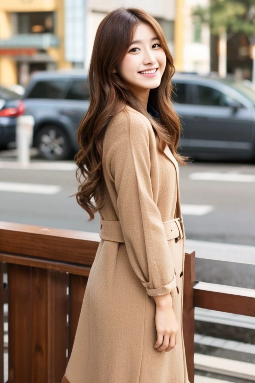 Brown wavy long hair Japanese woman20Age Ideal style Standing posture Smile All body Neat clothes