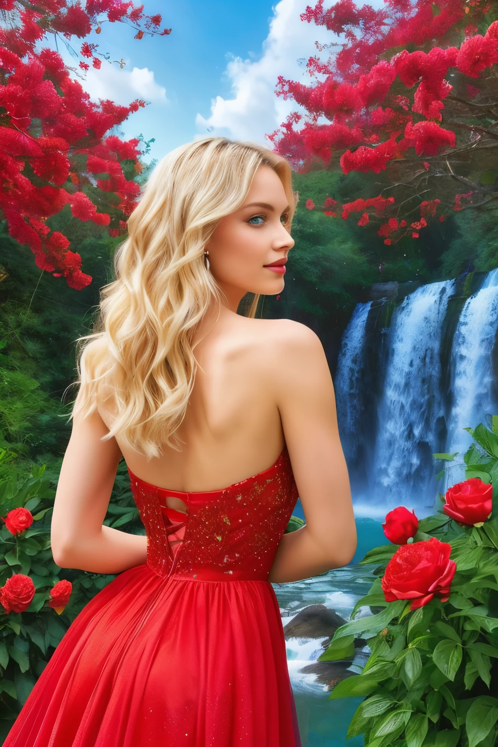 A radiant girl in a short, vibrant red dress gazes directly into the camera, her sky-blue eyes sparkling with radiance. Light-blonde hair cascades down her back, just brushing the shoulders. Surrounding her, red peonies and blue roses bloom in a vibrant display of colors, their petals soft and textured. Behind her, a breathtaking paradise waterfall gleams with sunlit sparkles, the water shimmering in hyperrealistic detail. The image is a professional photograph of the highest quality, with maximum resolution and intricate, lifelike textures. The rich colors of the red dress and the blue flowers stand out in sharp contrast against
