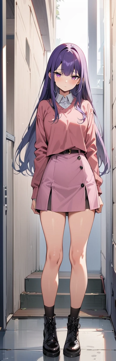 (Masterpiece, Highest quality:1.2), 1 woman, alone,standing_separate,
, long hair,purple color,pink skirt,black