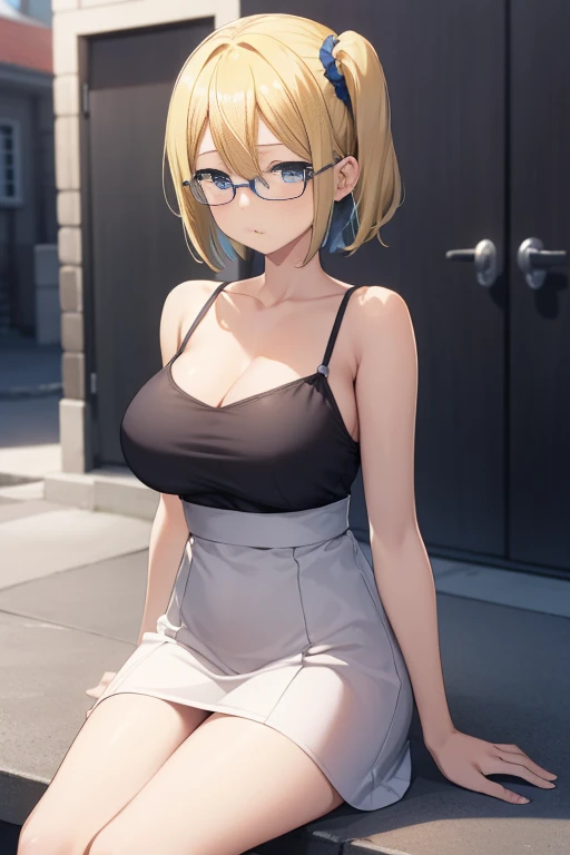 (8K, Raw photo:1.2), Detailed face and eyes,Best Quality, 超A high resolution, Highly detailed ,intricate detailes ,masutepiece ,Cute Girl , Soft cinematic light, Hyper-detailing,Sharp Focus, High quality, Blonde hair, bob cuts, tits out,zettai ryouiki, a miniskirt, panties on, eye glasses, NSFW, Leaning against the wall