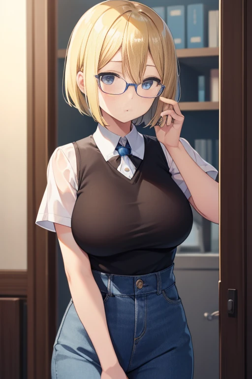 one person, one personの女の子, AiHayasaka, Ai Hayasaka, Blonde Hair, Blonde, Bobcut, bobbed hair, blue eyes, blue scrunchie,  Big Breasts, breast, Flushed Cheeks, Wear glasses