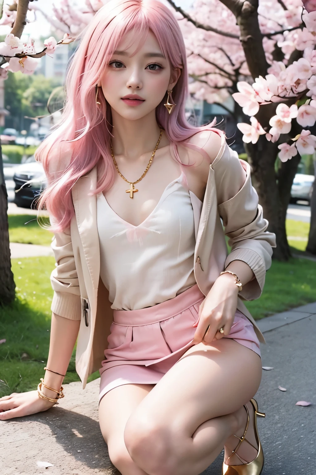 (8K, top-quality, masterpiece:1.2), (realistic, photorealistic:1.37), (super detailed), (one girl), (highly detailed), (beautifully detailed eyes), (of the highest quality), (super detailed), (masterpiece), (detailed face), (20yr old), (pink hair, long hair:1.5), (medium breasts), (clothed), (perfect lighting), BREAK, (upper body to knees), (gentle smile:1.5), (hand on waist), (other hand on knee), (sakura-filled park background), (soft natural light), BRAKE, (spring-inspired:1.2), (elegant silhouette:1.3), (pastel pink tailored jacket:1.5), (sheer silk camisole:1.4), (floral print:1.2), (light green accents:1.2), (high-waisted skinny white denim:1.5), (pencil skirt:1.2), (ribbed knit sweat:1.3), (nude pointed-toe heels:1.4), (flat shoes:1.2), (gold chain necklace:1.3), (cherry blossom earrings:1.3), BRAKE