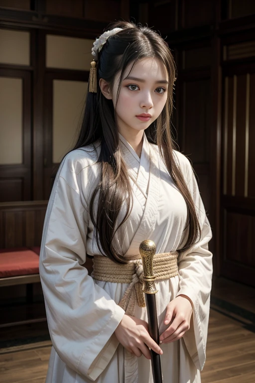 1girl,A warrior，long way hair，Hanfu，Robe，Sword，beauty face shape，Lifelike：1.2
