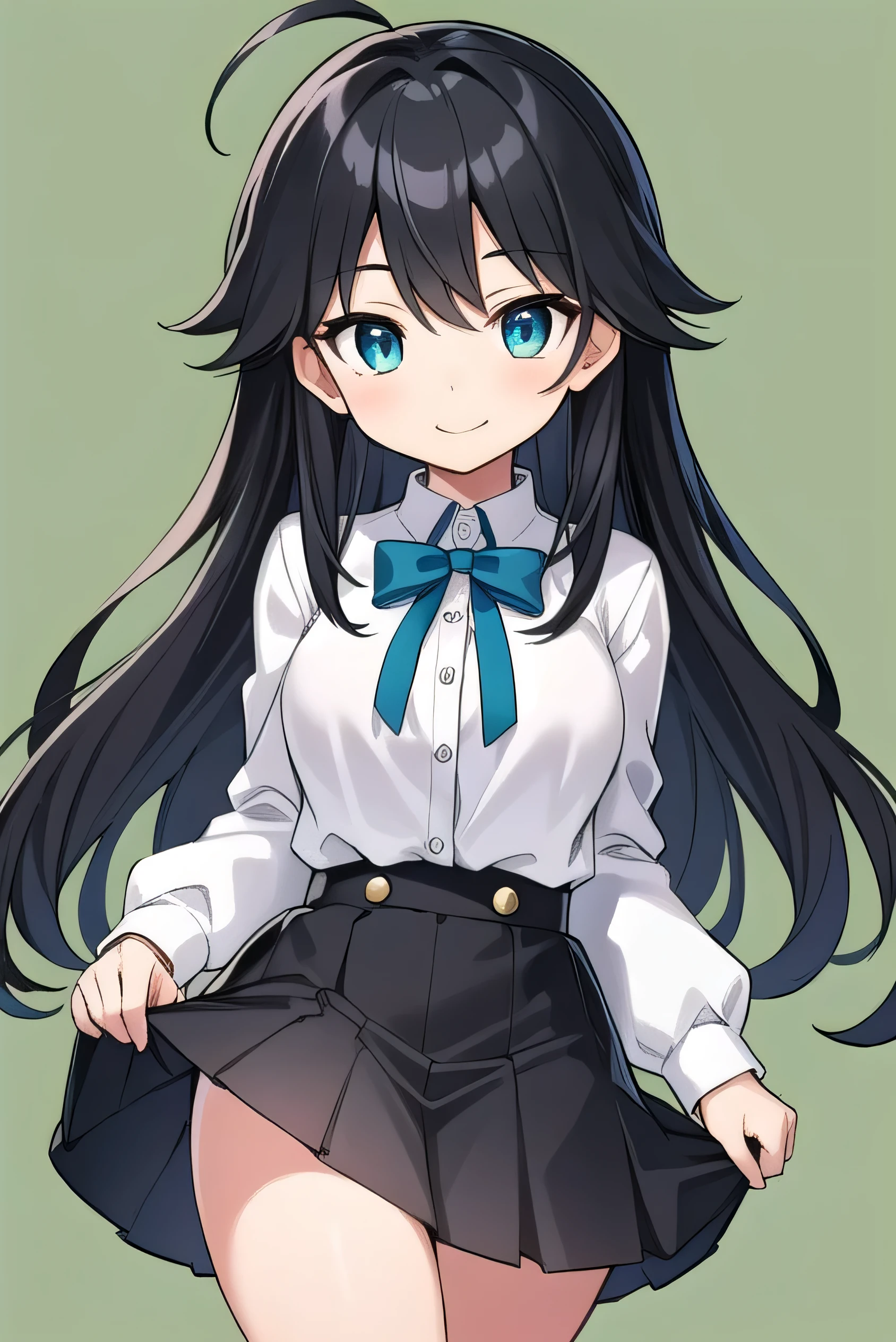  high schoolooks like an elementary school st short, 140cm tall, black hlight green tinge, short ahoge, beautiful long hair but with a little hair sticking out, beautiful round eyes, blue eyes, smile, boyish, long sleeves , thick clothes, skirt, big breasts, hair longer than waist, long hair, young face, dark greenish black hair, gentle smile, a little shy, skirt is black, hair is black but has a slight green tinge, boyish and gentle smile I have.
