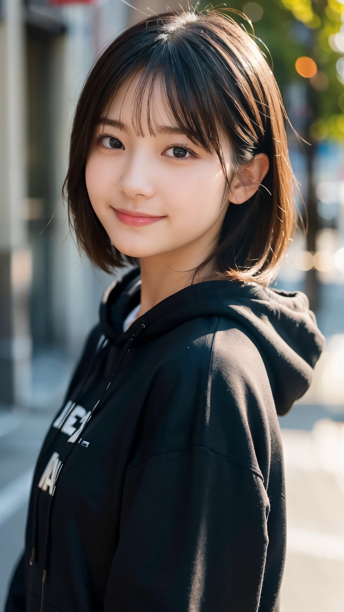 (highest quality,masterpiece:1.3,ultra high resolution),(Super detailed,caustics,8k),(photorealistic:1.4,RAW shooting),1 girl,(look at the camera with a smile),side shot,16-year-old,cute,Japanese,black hair short cut,hoodie,inner shirt,big ,bust up shot,street,face focus,Natural light,Backlight,Lens flare,professional writing