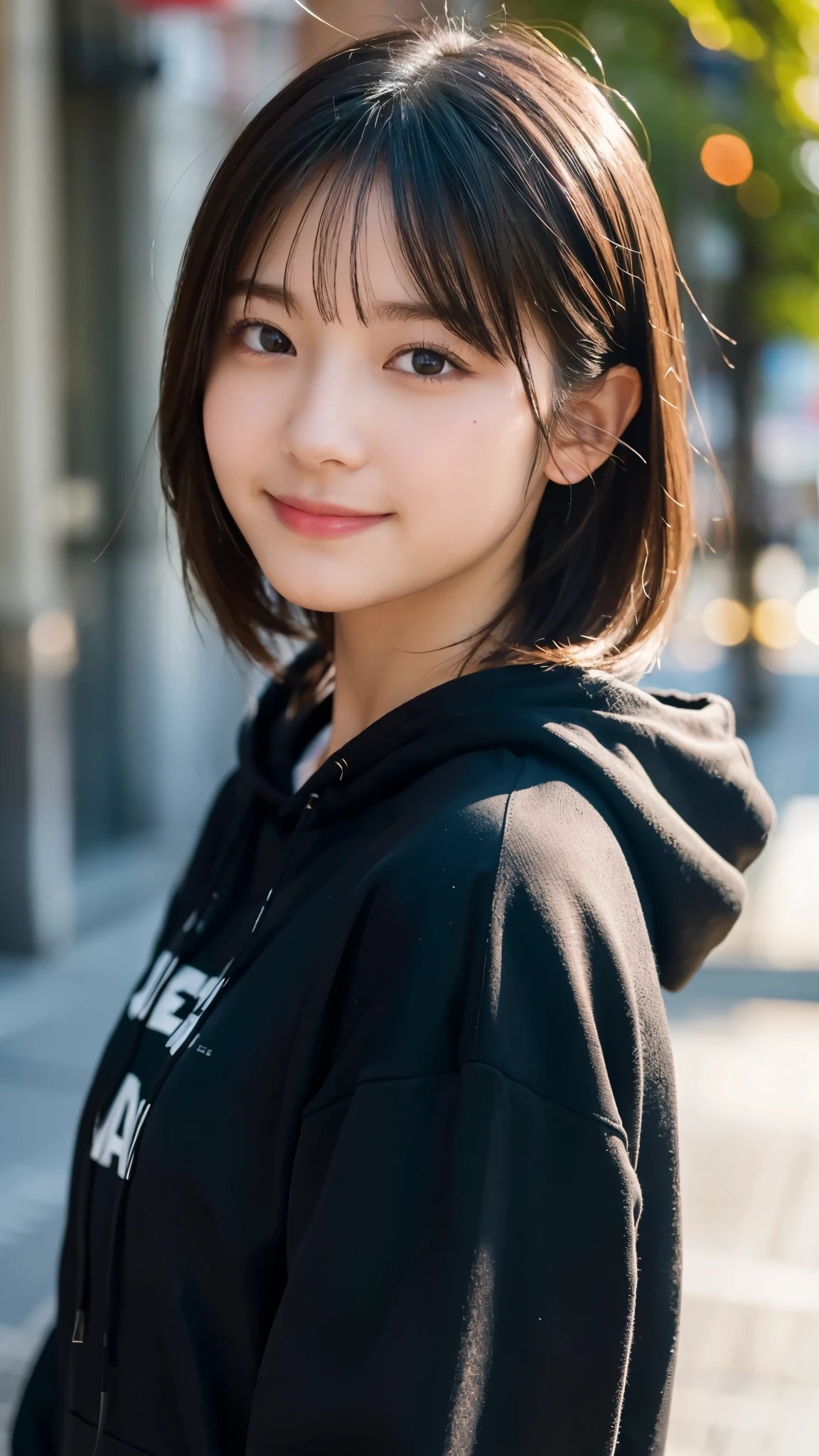 (highest quality,masterpiece:1.3,ultra high resolution),(Super detailed,caustics,8k),(photorealistic:1.4,RAW shooting),1 girl,(look at the camera with a smile),side shot,16-year-old,cute,Japanese,black hair short cut,hoodie,inner shirt,big ,bust up shot,street,face focus,Natural light,Backlight,Lens flare,professional writing