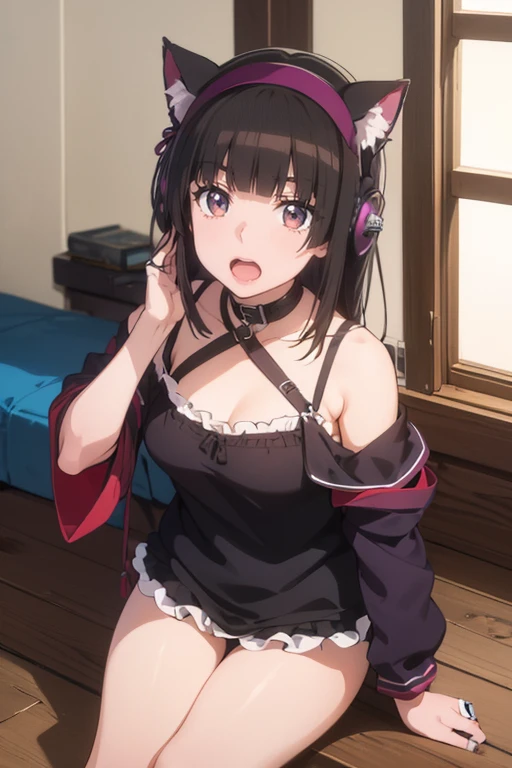 night, 15歳のCat耳美少女、I like metal, Cat ears and tail, collar, sunglasses、Dark Camisole, Frills, window、((Pose as if playing guitar))、15歳のCat娘、A variety of expressions、Various poses, thin, 超可愛いCat耳少女, cute, cute日本の女の子, Girl Photos, A thin, Band Girl Makeup, (Various Hair Styles、Hair Color, Baby Face、Beautiful Japanese Girl), (Realistic:1.4)、Shot with a Canon 5D MK4, Shot with Canon EOS 5D Mark IV, Shot with Canon EOA 6D Mark II, HVery detailed facial and skin texture、 Fine grain、double eyelid、Very detailed, Hmph, Unite, 8k Picture Wallpaper, In detail, masterpiece, highest quality, (8k, highest quality, masterpiece:1.2), (Realistic, Photorealistic:1.37), Ultra-detailed, One Girl、15歳のcuteCatの女の子, Open your mouth and sing loudly, cute衣装、choker、Cat 、Cat-eared daughter who likes metal music、Girl listening to heavy metal music with headphones、(ヘッドバンコーring)、Black leather jacket、(Death Metal Bandetal Accessories & ring、Realisticなキャットイヤー、Stand microphone、Electric guitar、live stream、Live Performance Venues、Various color lighting、Singing intense songs powerfully、Play intense music、(Colored Contact Lenses)、Death Metal Bands promotional video、PV video、enthusiasm、Colored Contact Lenses