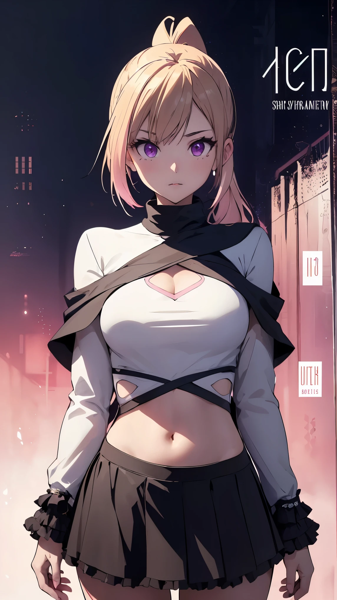 1girl, kawakami_mai, blonde hair, long hair, side ponytail, purple eyes,
BREAK (pink turtleneck black capelet white shirt jewelry white sleeves long sleeves navel cutout black skirt pink frills:1.2)
BREAK simple_black_background, black and white theme, Sense of coordination, sense of order, mathematics beauty, (((cover design))), (((((cover art))))),
BREAK ((anime girl)), best quality, expressive eyes, perfect face, (masterpiece), best quality, expressive eyes, perfect face, ((best quality)), ((ultra-detailed)), ((an extremely delicate and beautiful)), perfect eyes, perfect body, ((synmetry eyes)), beautiful eyes, ((thick thighs)), shiny skin, soft skin, ((synmetry body)), ((perfect body)),