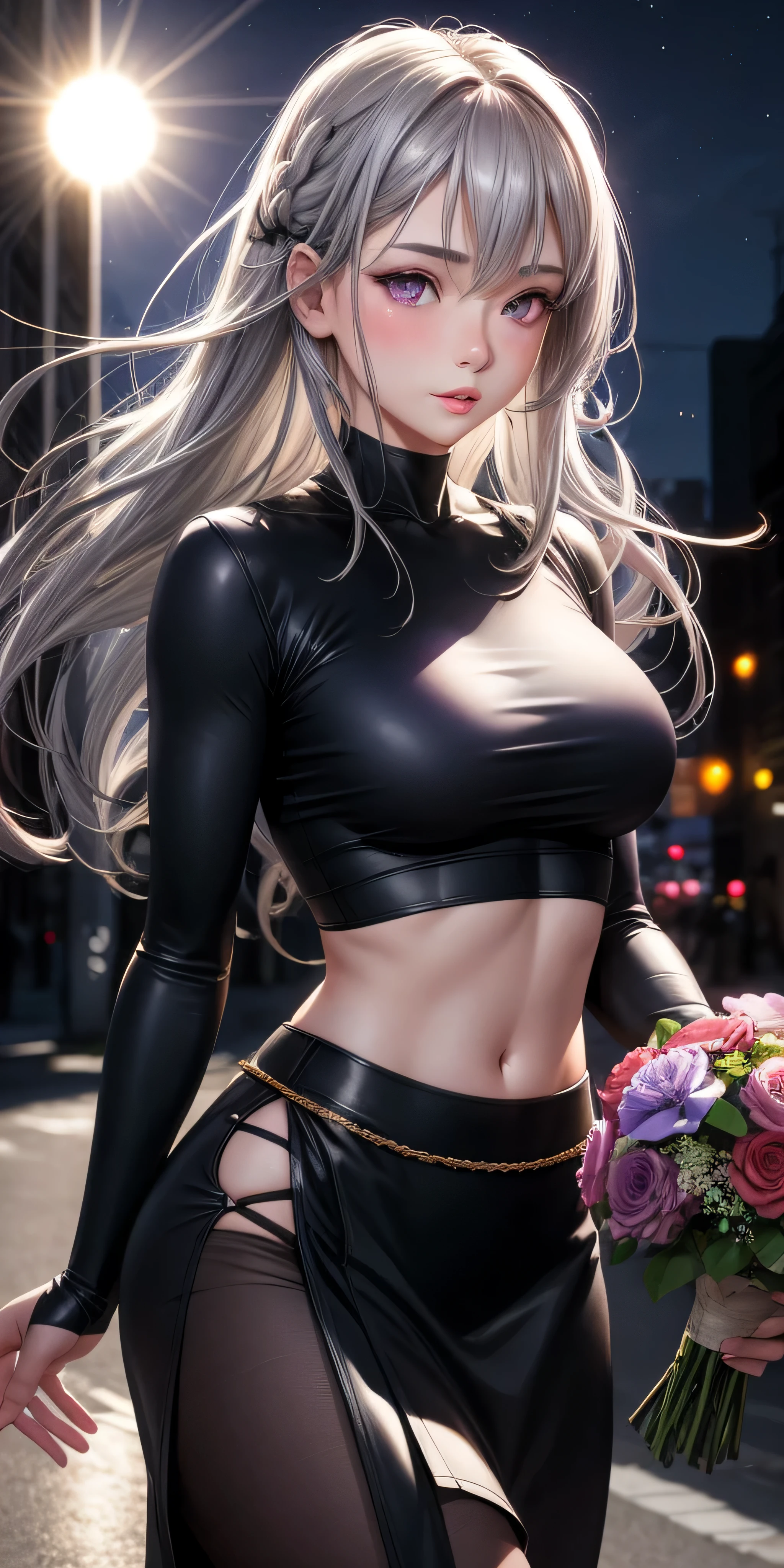 realistic, 1girl, white hair, purple eyes, glowing eyes,no top, no skirt, parted lips, blush, night, flowers, sun, sunlight,