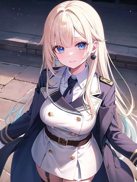 (masterpiece:1.3),((High resolution)),((high quality)),((Super detailed))、One Girl、Perfect balance、Perfect Face、Detailed face、Cute face、Beautiful detailed eyes、Expressive eyes、Cute eyes、Shining Eyes、Perfect body、Beautiful body、Emma Aizawa、Long Hair、Gradient Hair、hair band、Earrings、Blue tie、Collared shirt、White Dress、White military uniform、White coat、Armband、Long sleeve、Black gloves、black belt、Garter Straps、Black knee socks、Cowboy Shot、smile、Outdoor、Closed Mouth、blush、Are standing、From above