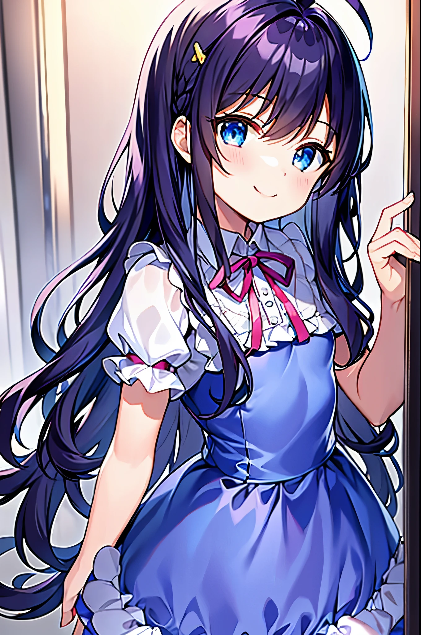 (((masterpiece))) (((highest quality))), (((beautiful))), (((8k))), (((High resolution))), (1 girl:1.3), (child:1.5), (Lori:1.2), (Dark blue straight long hair:1.3), (very long, Dark blue sideburns), (Very wide parted dark blue bangs:1.3), (Simple hair clip:1.4), (Ahoge:1.4), (small blue eyes:1.2), (Slightly droopy eyes:1.3), (Super thick sideburns and super long sideburns:1.1), (Ultra-flat chest:1.4), (Very small breasts:1.4), (smile:1.3), (Super cute dress with lots of frills:1.4), (Super cute ribbons and super cute frills:1.5), (at :1.5), (Partye:1.6), (Cowboy Shot:1.5)