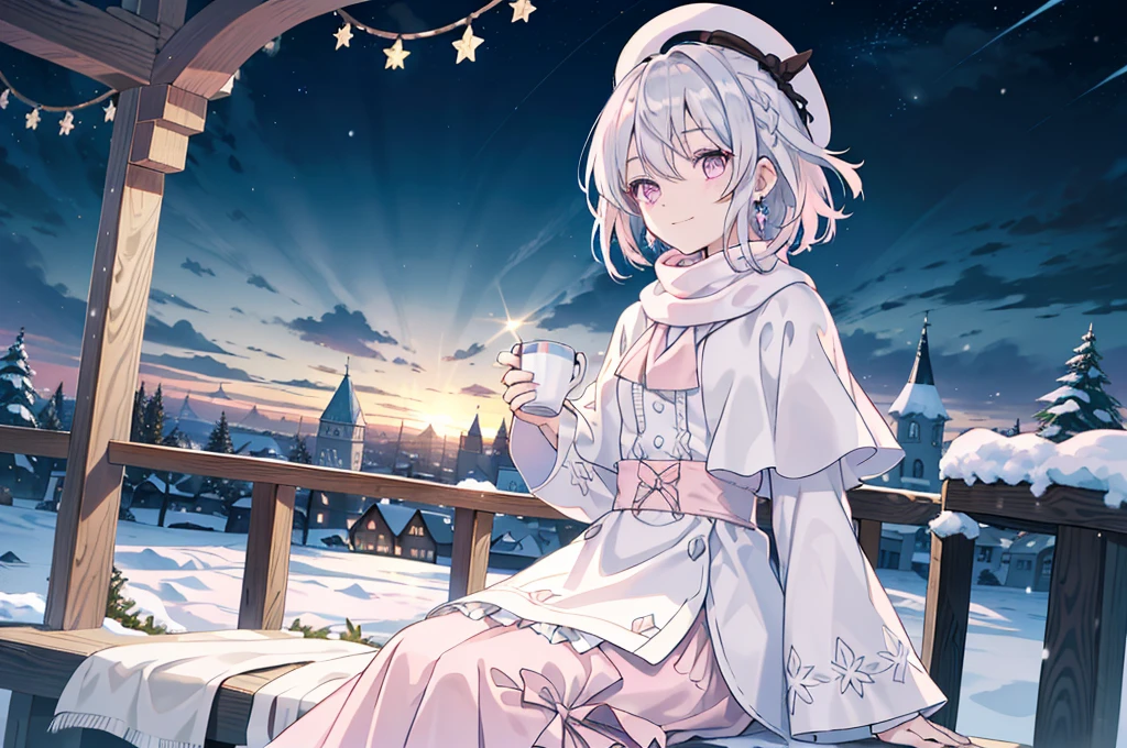 (best quality), (top-quality), (hight resolution), 8K images, (masterpiece), ((perfect face)), (detailed face), (detailed eyes), (clear lines), hair strand,Light skin, ((1girl)), (solo), beautiful fantasy anime, top rated on pixiv, ((short hair)), (expressive eyes), (perfect eyes), (((light_pink eyes))), perfect face, smiling, (white silver hair), (white hair), braided bangs, wind blowing hair, hair over eyes, earrings, {{{{{{{super flat chest}}}}}}}, {{{{{{{flat chest}}}}}}}, (flat chest), White Gothiclolita,pink bow,(White Fur hat), (White Fur capelet), Long scarf, (Full body like), starry night,at winter season,Award-winning photo,extremely detailed,finely detailled, snowy street, snow storm, cozy winter, strong wind, (sitting), (from the balcony), holding a cup of hot tea, in the town, wide shot, beautiful night sky, look at the town