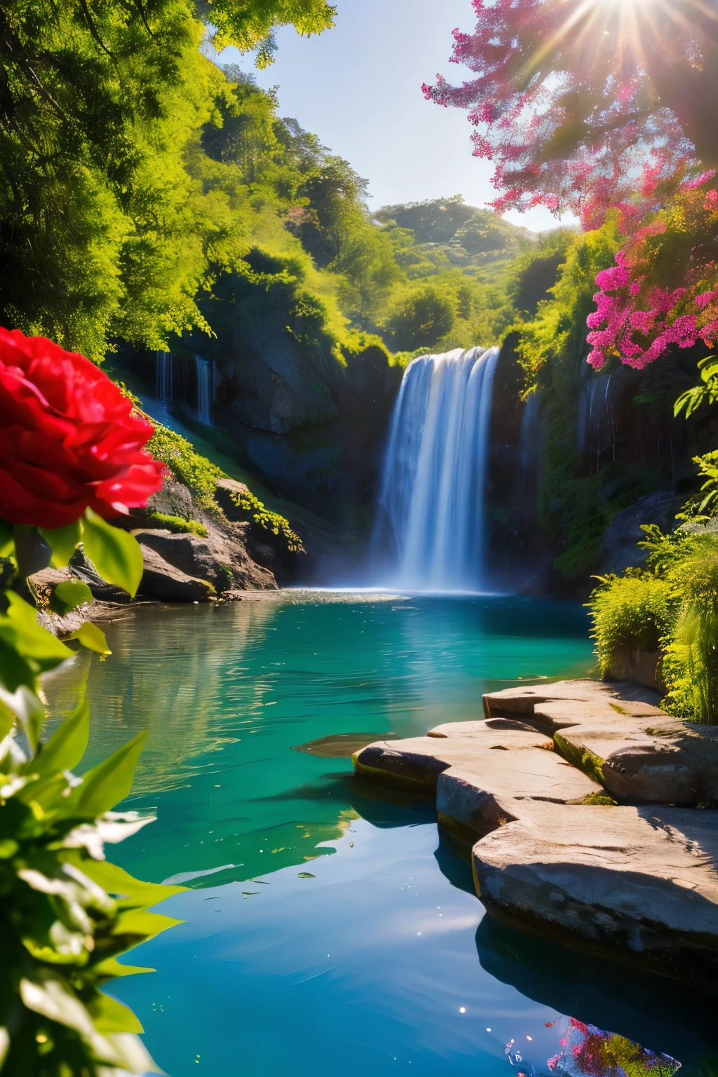 Waterfall Roses Sunset A beautiful waterfall with a red rose in the foreground - SeaArt AI