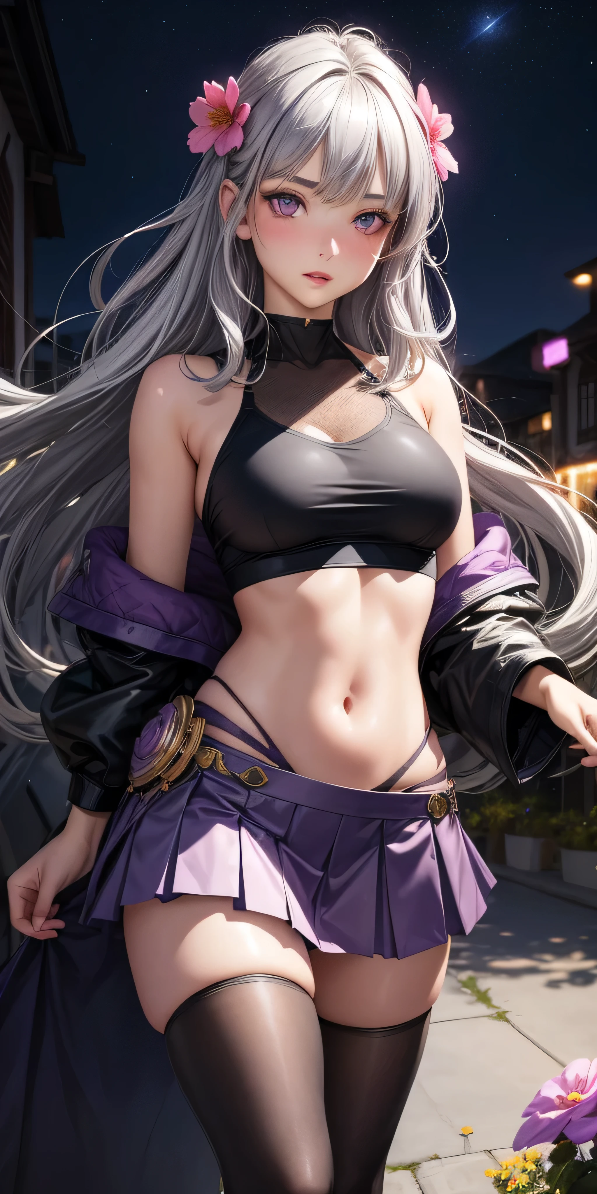 realistic, 1girl, white hair, purple eyes, glowing eyes, (elven:0.4), crop top, flapping miniskirt, (underboob:1.5), parted lips, blush, night, night sky, shore, waves, medieval town, sky at night