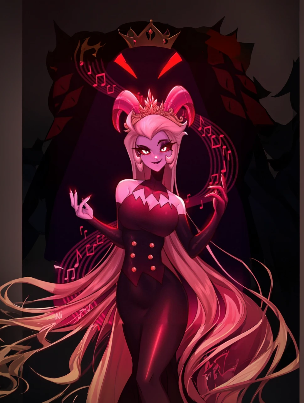 a close up of a cartoon character with long hair and a crown, concept art by Lisa Nankivil, Artstation contest winner, furry art, beautiful elegant demon queen, scary queen of death, samira from league of legends, queen of the underworld, female disney villain, harley queen, beautiful succubus, league of legends art style, villainess, kda