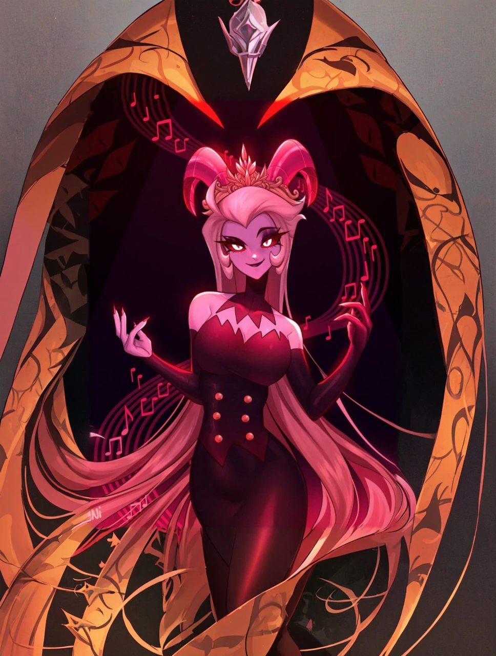 a close up of a cartoon character with long hair and a crown, concept art by Lisa Nankivil, Artstation contest winner, furry art, beautiful elegant demon queen, scary queen of death, samira from league of legends, queen of the underworld, female disney villain, harley queen, beautiful succubus, league of legends art style, villainess, kda