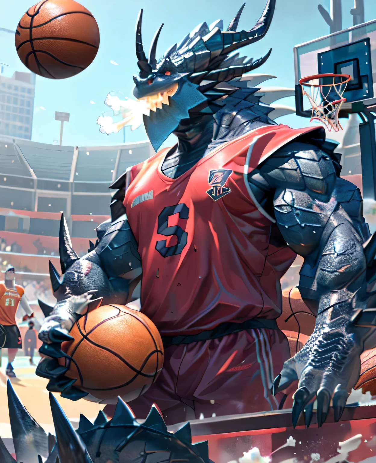 (dragon), Two-color, dragon&#39;s eyes, (muscular body:1.3), perfect eyes, Handsome, OK,(white basketball jersey), (on the playground),(Express), sports field background,(close up),(Happy eyes:1.2),look at screen,(dragon horn),(dragon tail),different students,perfect masterpiece,(16K),White belly,solitary,((Strong)),(sports field background),(Sweat),Perfect proportion,front,blush,(wave hello，Watching you:1.5),(With a basketball in his hand:1.3),(Open your mouth slightly and breathe.:1.2),(close range:1.2),(clothes soaked with Sweat:1,3),Strong,muscle,more details,CG,HD，detailed，Clear，high resolution