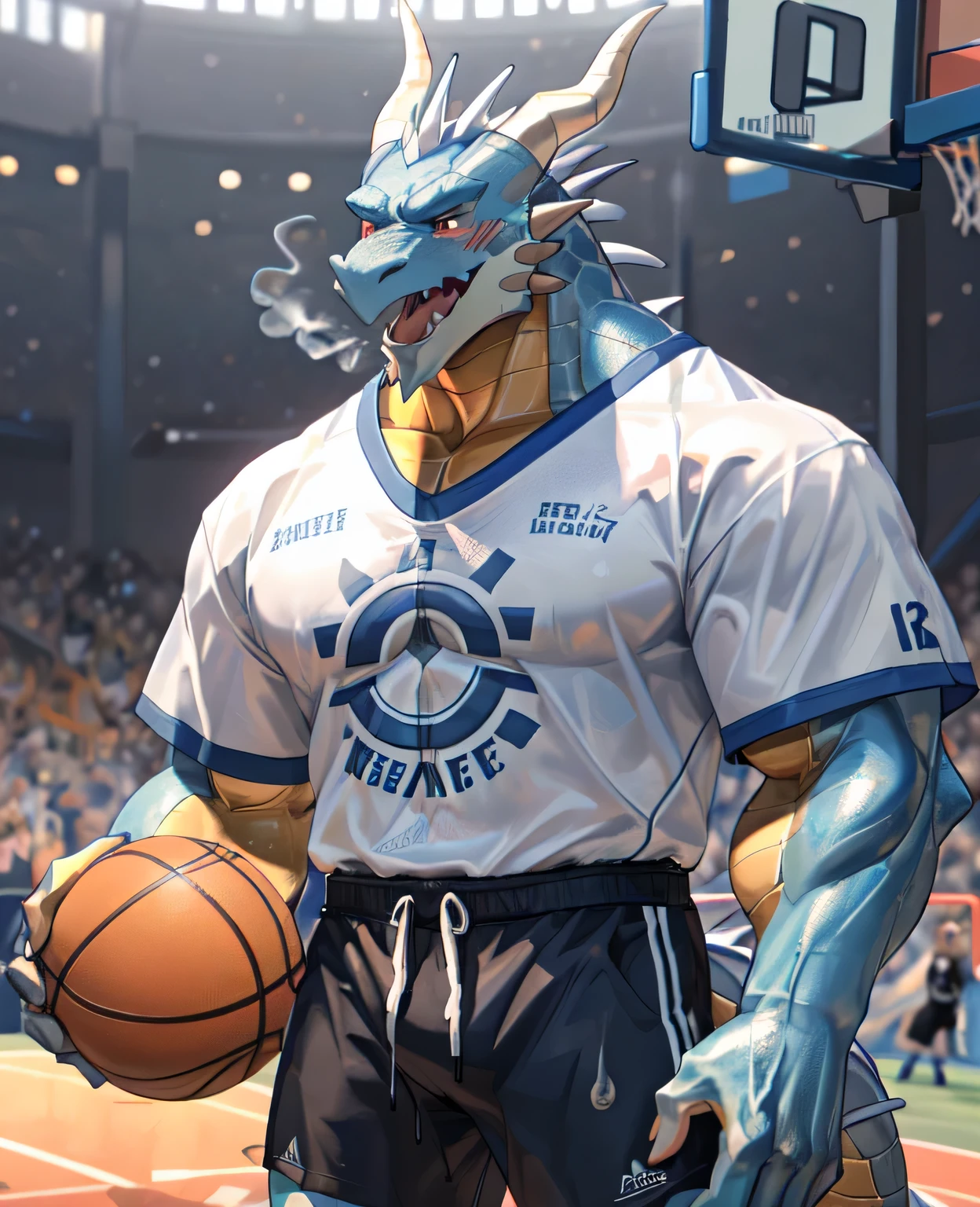 (dragon), Two-color, dragon&#39;s eyes, (muscular body:1.3), perfect eyes, Handsome, OK,(white basketball jersey), (on the playground),(Express), sports field background,(close up),(Happy eyes:1.2),look at screen,(dragon horn),(dragon tail),different students,Perfect masterpiece,(16K),White belly,Solitary,((Strong)),(sports field background),(Sweat),Perfect proportion,front,blush,(wave hello，Watching you:1.5),(Basketball in hand:1.3),(Open your mouth slightly and breathe.:1.2),(close range:1.2),(clothes soaked with Sweat:1,3),Strong,muscle,more details,CG,HD，detailed，Clear，high resolution