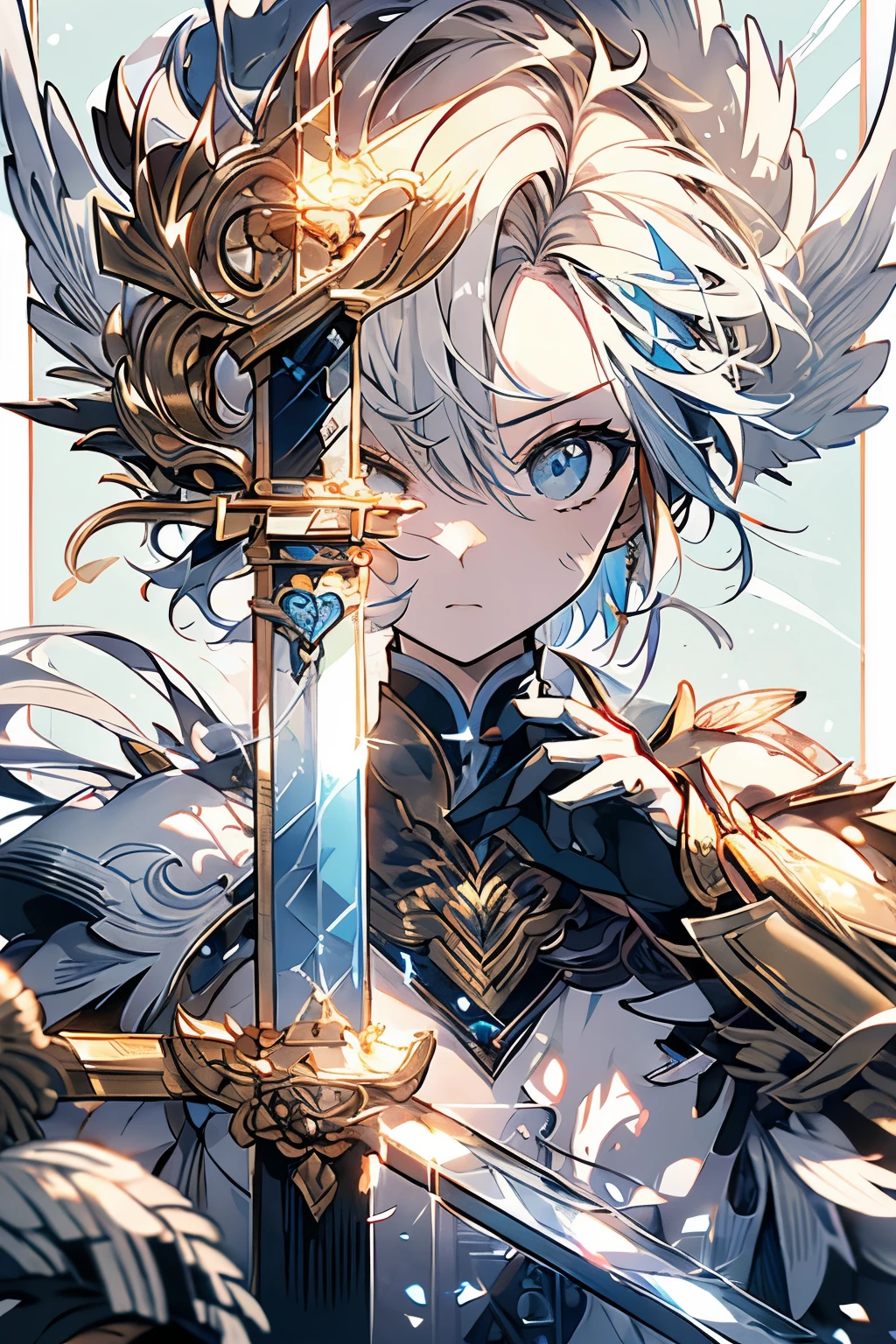 Masterpiece、Yellow Hair、ponytail、Feather hair ornament、Delicate eyes、light blue eyes、blue armor、Western sword、Lion's Shield、serious face、White Wings、whole body