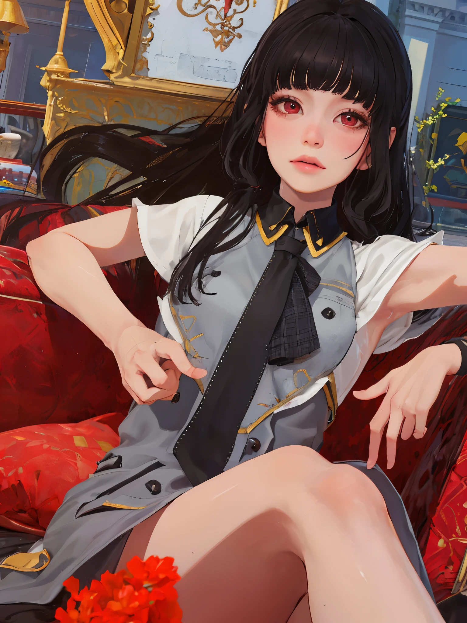 masterpiece, highly detailed, best quality, 1girl, solo, Luna, black hair, red eyes, long hair, blunt bangs, uniform.