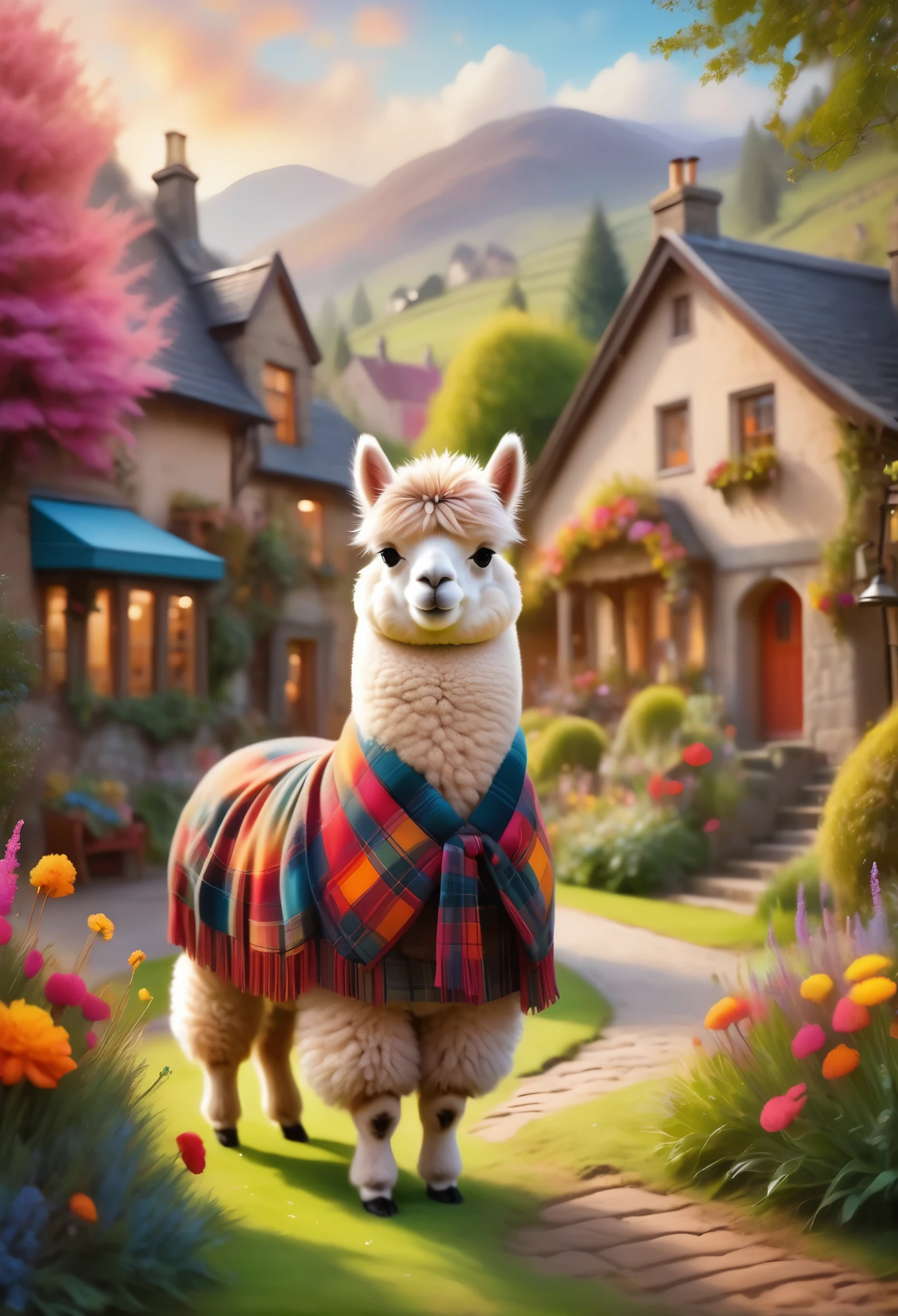 painting style, vibrant colors, dreamy atmosphere, layered composition, intricate details, cozy village background,(Cute alpaca，Dressed in Scottish clothing，Stylish
), soft texture, cozy atmosphere, peaceful garden backdrop, vibrant colors, warm lighting