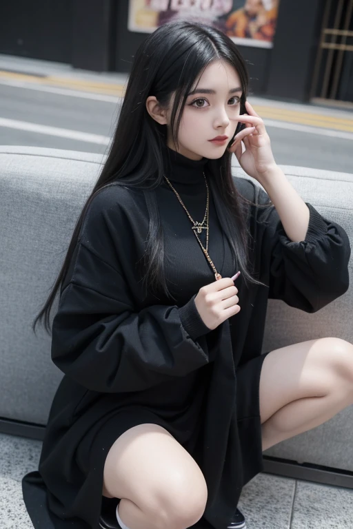 hay una mujer sentada en una silla con un celular, chica anime en la vida real, 1 7  anime gothic girl, con coletas negras, chica anime cosplay, the anime girl is crouching, y 2 k cutecore clowncore, inspirado en anime, e-chica, and - girl, 1 7 year oldgirl