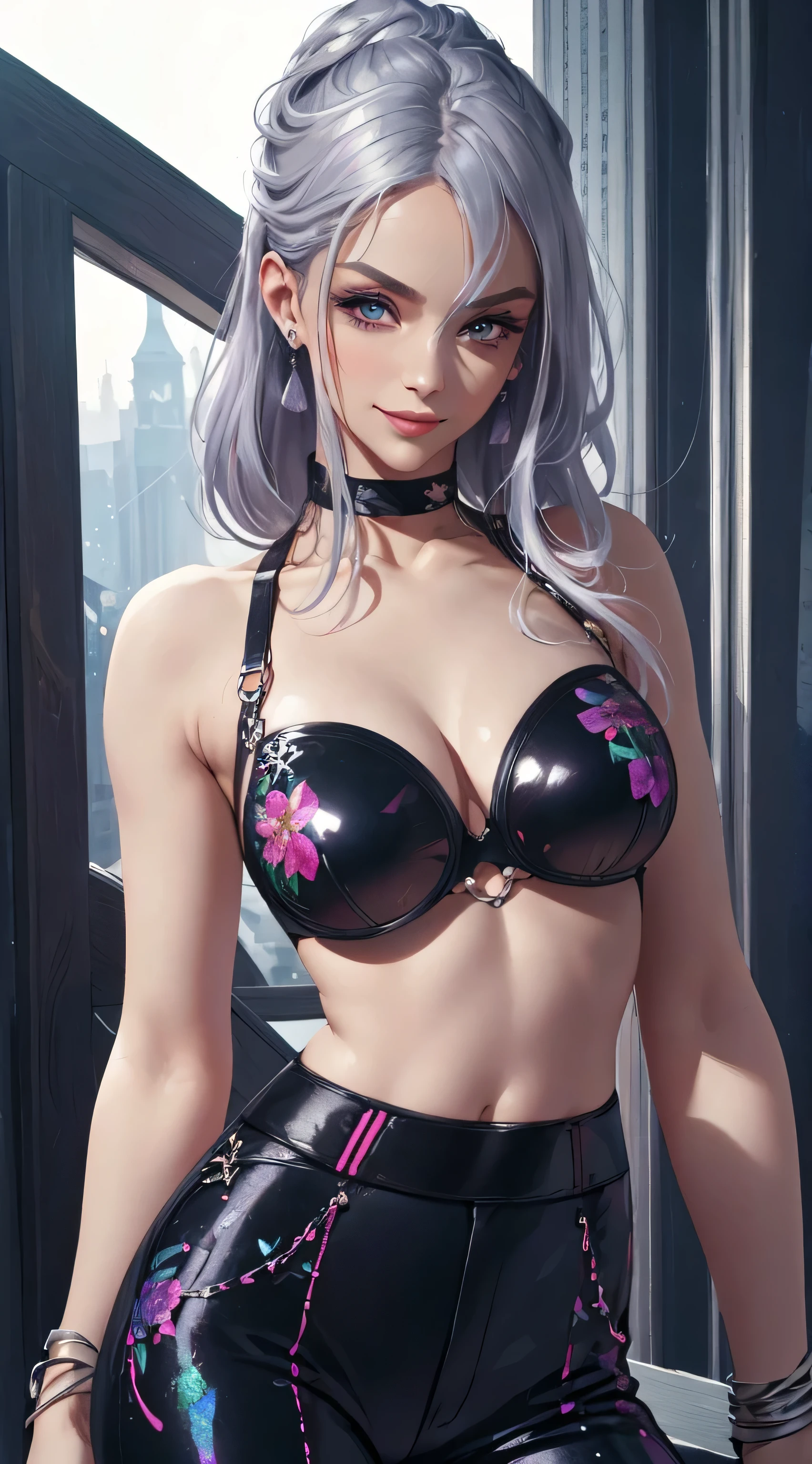 ((best quality, masterpiece)), detailed, realistic, 1woman, cool, fancy sleeveless floral print sexy sequin cropped top, stylish pants, choker, long stylish platinum silver hair, dark shades, smug smile