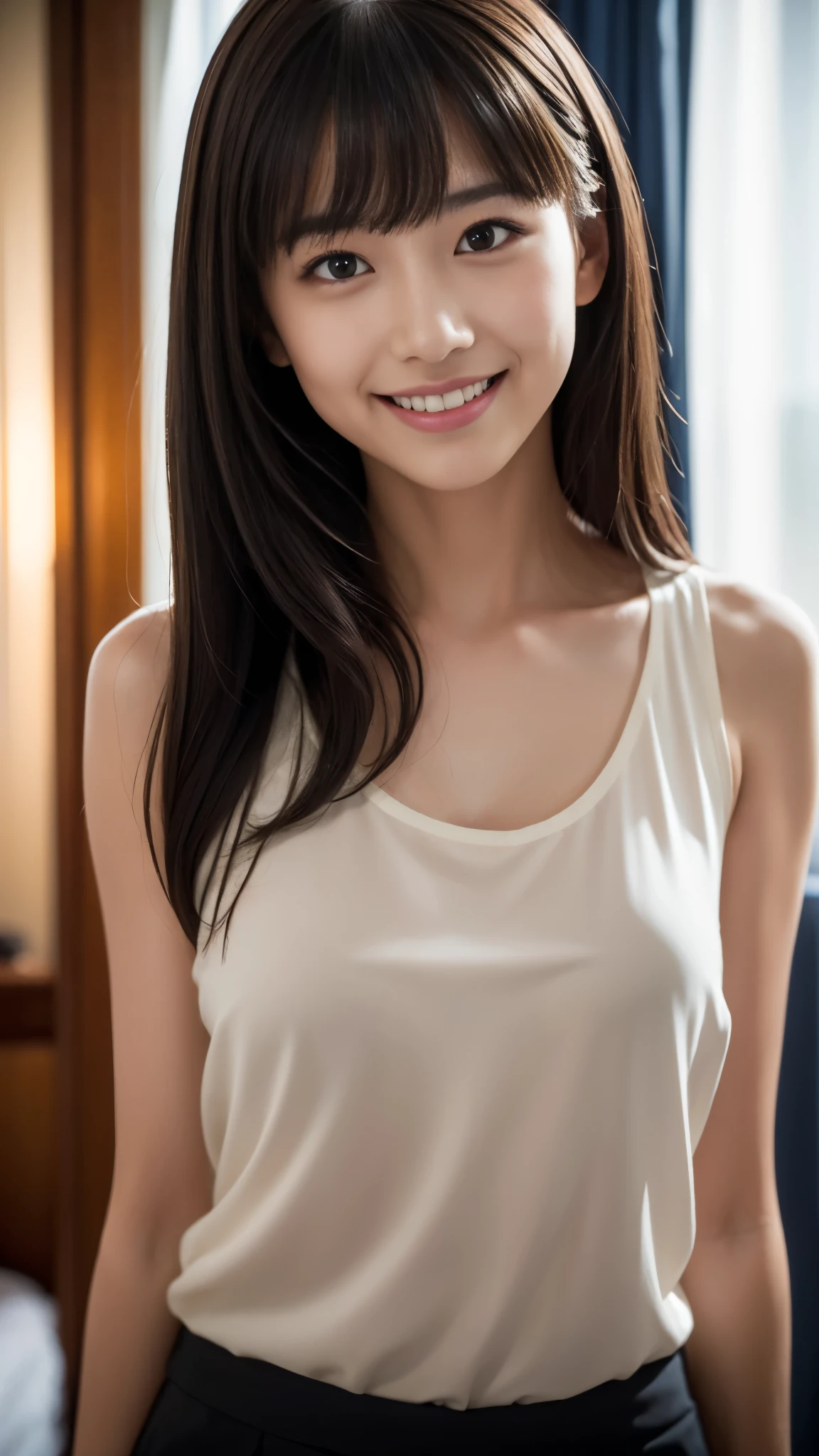 1girl, standing, black eyes, (light smile:0.8), bangs, arms behind back, mole, hotel room, window, night, light, RAW photo, best quality, masterpiece, ultra detailed, ultra high res, realistic,smile
