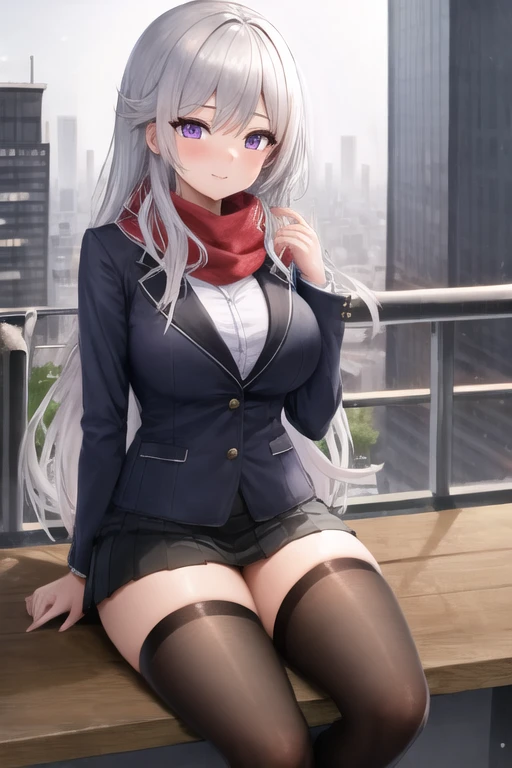 masterpiece, best quality, 1girl, sitting, city, white hair, long hair, purple eyes, buttoned shirt, jacket, scarf, skirt, thigh highs