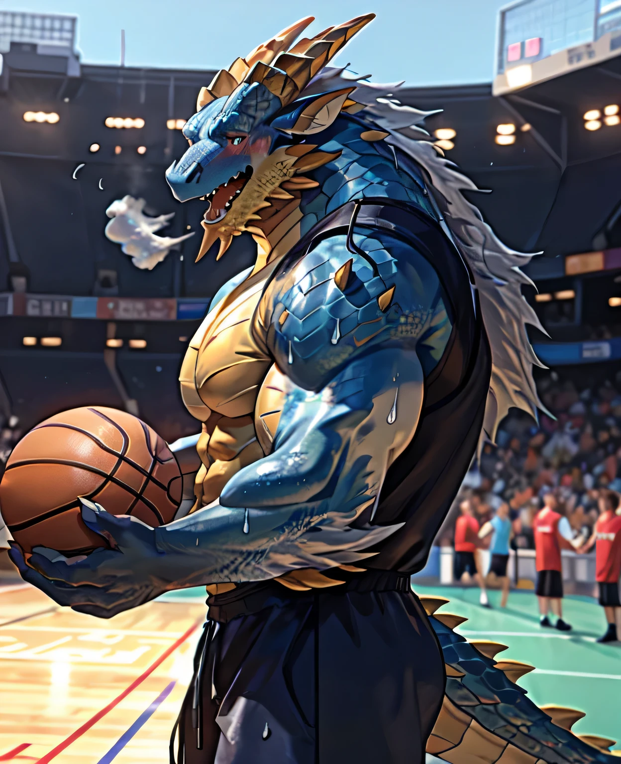(dragon), Two-color, dragon's eyes, (muscular body:1.3), perfect eyes, Handsome, OK,(white basketball jersey), (on the playground),(Express), sports field background,(close up),(Happy eyes:1.2),look at screen,(dragon horn),(dragon tail),different students,Perfect masterpiece,(16K),White belly,Solitary,((Strong)),(sports field background),(Sweat),Perfect proportion,front,blush,(wave hello,Watching you:1.5),(Basketball in hand:1.3),(Open your mouth slightly and breathe.:1.2),(close range:1.2),(clothes soaked with Sweat:1,3),Strong,muscle,more details,CG,HD,detailed,Clear,high resolution