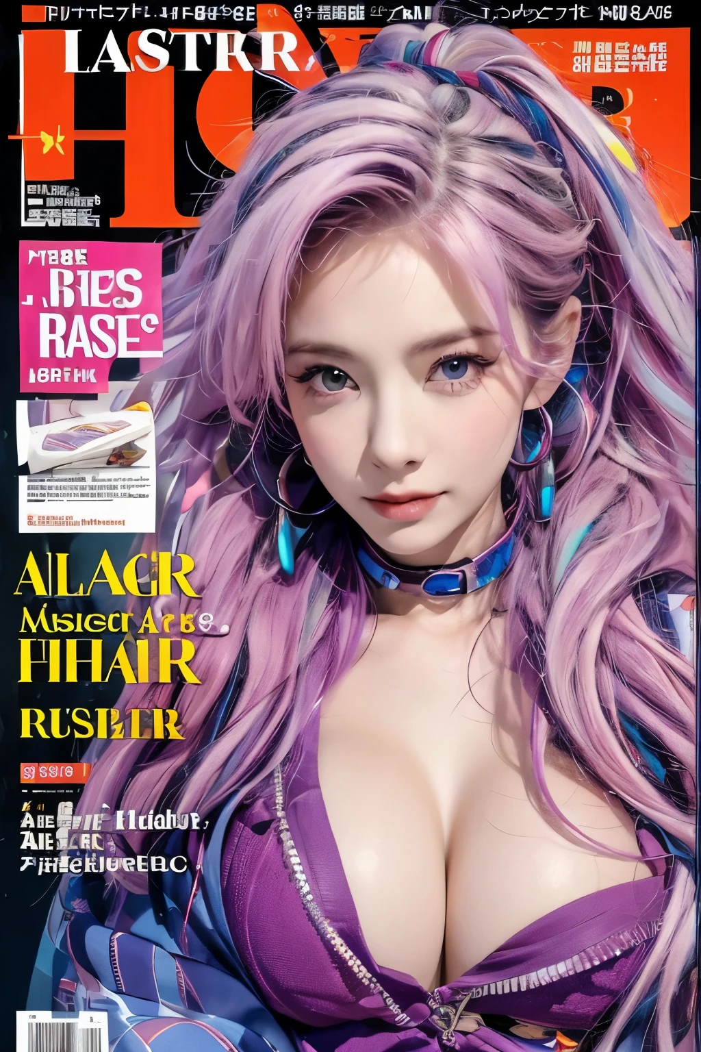 (masterpiece, 8k, best quality: 1.3), 21 year old girl, see through clothes, colorful hair, magazine cover ,upper body, relaxed expression, (huge breasts: 1.1)