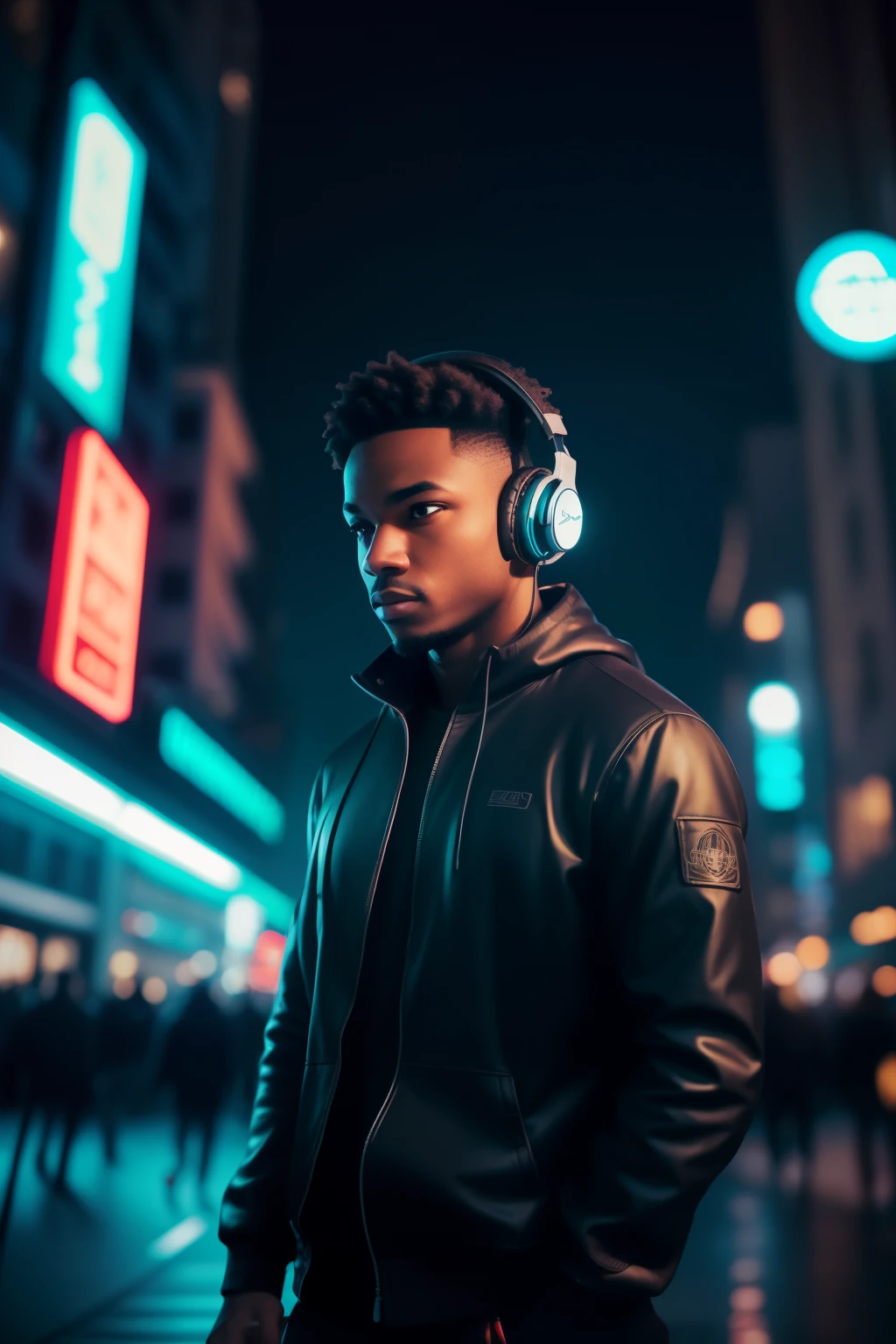 Me, absorbed in the rhythm of hip hop music, alone in the city at night, (1.3, Solo), Urban environment, (Headphones on:1.3), (Detailed face:1.2), Focused expression, Dressed casually, (Dark color palette:1.3), Cityscape background, buildings illuminated by neon lights, (Blurry movement:1.3), Engaging pose, captivated by the sounds of the city and my music, (Realistic detail:1.3), High-quality audio, (Night scene illuminated by streetlights), (Dynamic lighting:1.2), (Photography style: Street photography), Perfectly