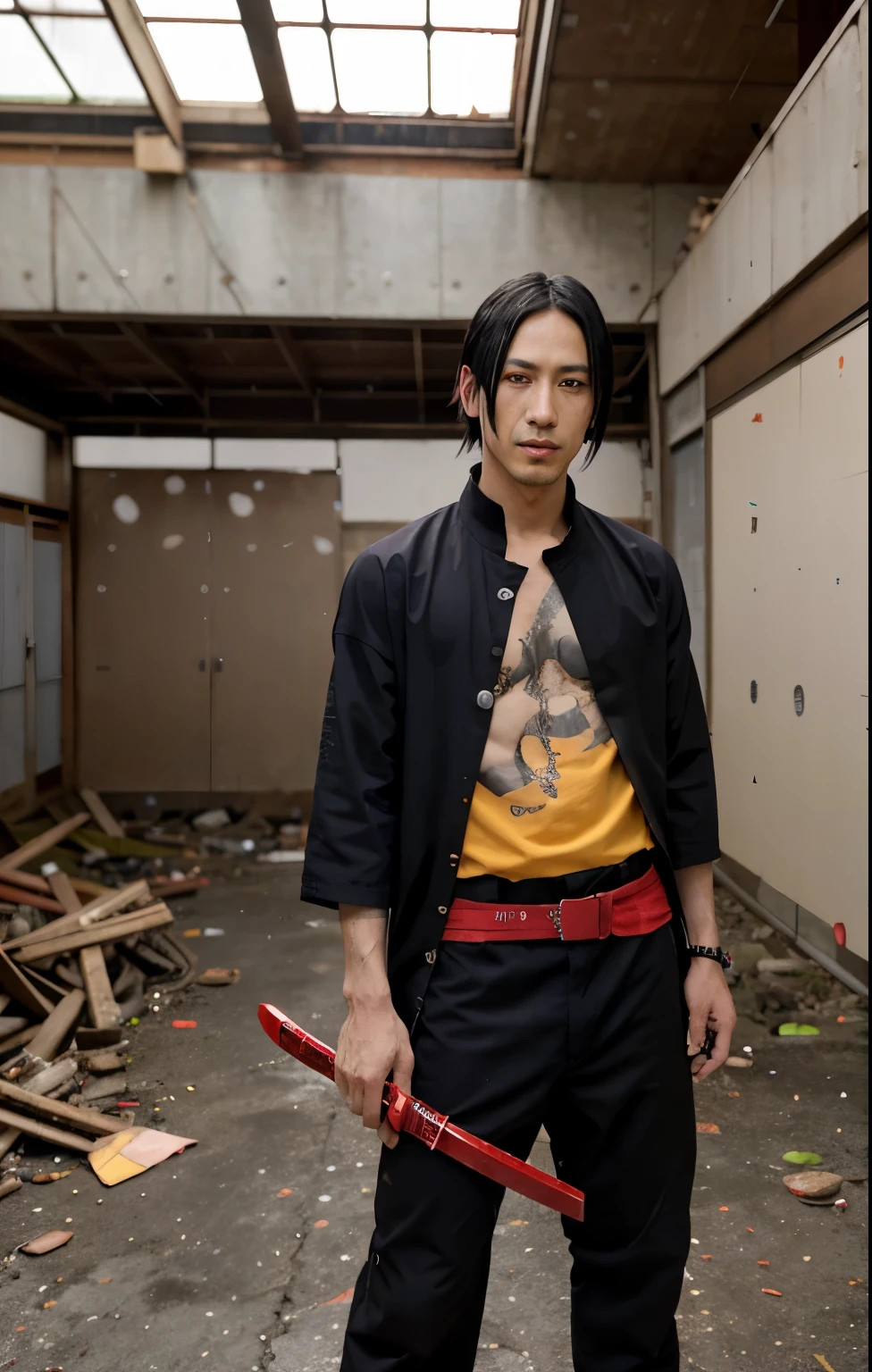 Itachi uchiha in a fashionable clothings with his kkatana in a abandoned building ( with his bright red mangayaue sharangon