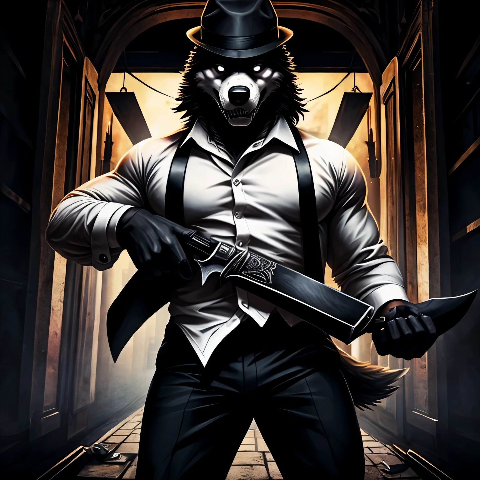 White furry anthropomorphic wolf, buffed body, white shirt with black straps, black fedora with white decoration. Creepy appearance, grabbing a knife, black pants, black eyes, creepy, killer vibes, mafia vibes