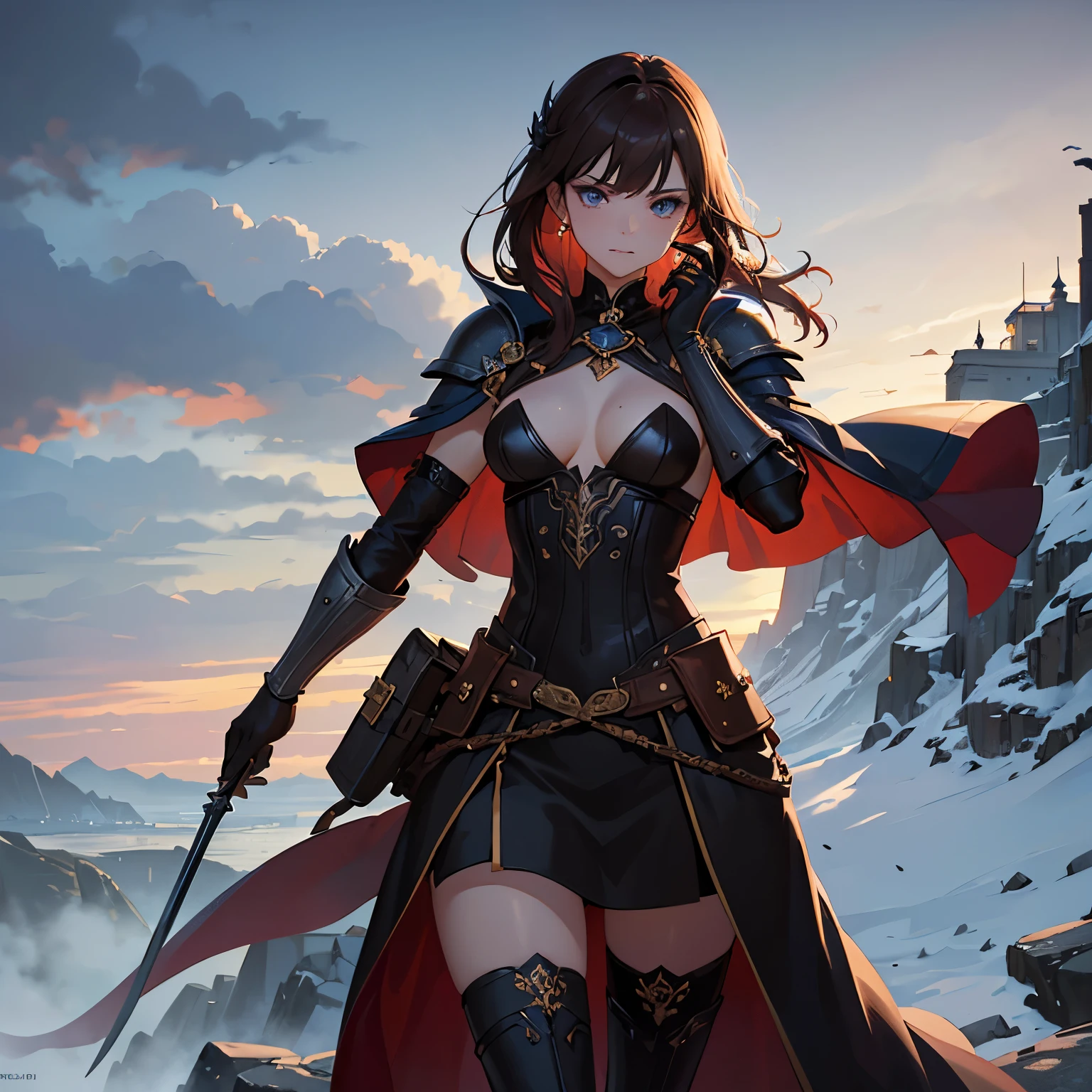 Standing in a dimly lit place、A stunningly beautiful and courageous woman, mysterious forest. 彼女はRebellious Auraを醸し出している, Her short hair and defiant sparkle in her eyes. Dressed up in a blend of rugged leather and elegant fabrics, She looks dangerous and attractive at the same time.. In her hands, 彼女はExquisitely crafted剣を持っている, A symbol of her strength and skill. The bandkground is a misty landsCape, Propose a grand journey. The lighting is dramatic, Adding shadows to the scene makes it more mysterious and powerful. The overall atmosphere is one of adventure., Romance, andSigns of Danger, break Beautiful female bandit, alone, (slim:1.2), (Perfect Anatomy), Rebellious Aura, long flowing hair, Shining, defiant eyes, rugged leather attire, Elegant fabric, Exquisitely crafted剣, mysterious forest, Misty landsCape, Dramatic lighting, Shadowy atmosphere, Adventure and Romance, Signs of Danger, Very delicate and beautiful western girl, alone, Perfect Eyes, Exquisitely crafted beautiful Prismatic eyes, View your viewers, Exquisitely crafted skin, Perfect Anatomy, (Alpenglow:1.2), Indomitable spirit, Fearless determination, Resilient Warrior, Unwavering Courage, Fierce determination, Resolute Defiance, Bold rebellion, Tenandious fighter, Enhanced Courage, Warrior spirit, middle earth, けnight Charging into battle on horsebandk, Wield a spear、Wearing heavy armor, Female Viking, average length, slim, Heart-Shaped Fande, Sunburn, Auburn Hair, blue eyes, [[crooked nose]], pout, Protruding chin, Shoulder-length hair, Coarse hair, High Chignon, Small breasts, threader earrings, gloss velvet lipstick, Vast castle, Perched on a rocky cliff overlooking the sea, tolkien, break armor, belt, boots, Cape, Cape, corset, fingerless gloves, fire, Gauntlet, gloves, Food, Fooded Cape, jewelry, knife, lanthanum, mask, abdomen, Mole, Mole under mouth, mouth mask, belly button, necklande, Pouch, scar, arms, Ancient Myth Chronicles Room, Terrandotta,Gneiss, Moonlight reflecting on snow, Wall cleaning, [(detailed:1.2): [ (many small detailed:1.3) : [ (many ultrasmall detailed: 1.2):(非常にdetailedな極小エッジとマイクロレリーフ:1.5):0.7 ]: 0.4 ] :0.2], break (close:4), point of view shot, Artistic atmosphere, Vintage cinematic colors and textures adjusted with LUTs, Notable Features, Cinematic atmosphere, Magical, Film Grain, real, and_neg1 break (highest quality, masterpiece), (Dark Shot, Best Shadow:1.3), High resolution, RAW Photos, Realistic, 超High resolution, Professional, Absurd, 超detailed, 非常にdetailed, Exquisitely crafted, High resolution, 超High resolution, 