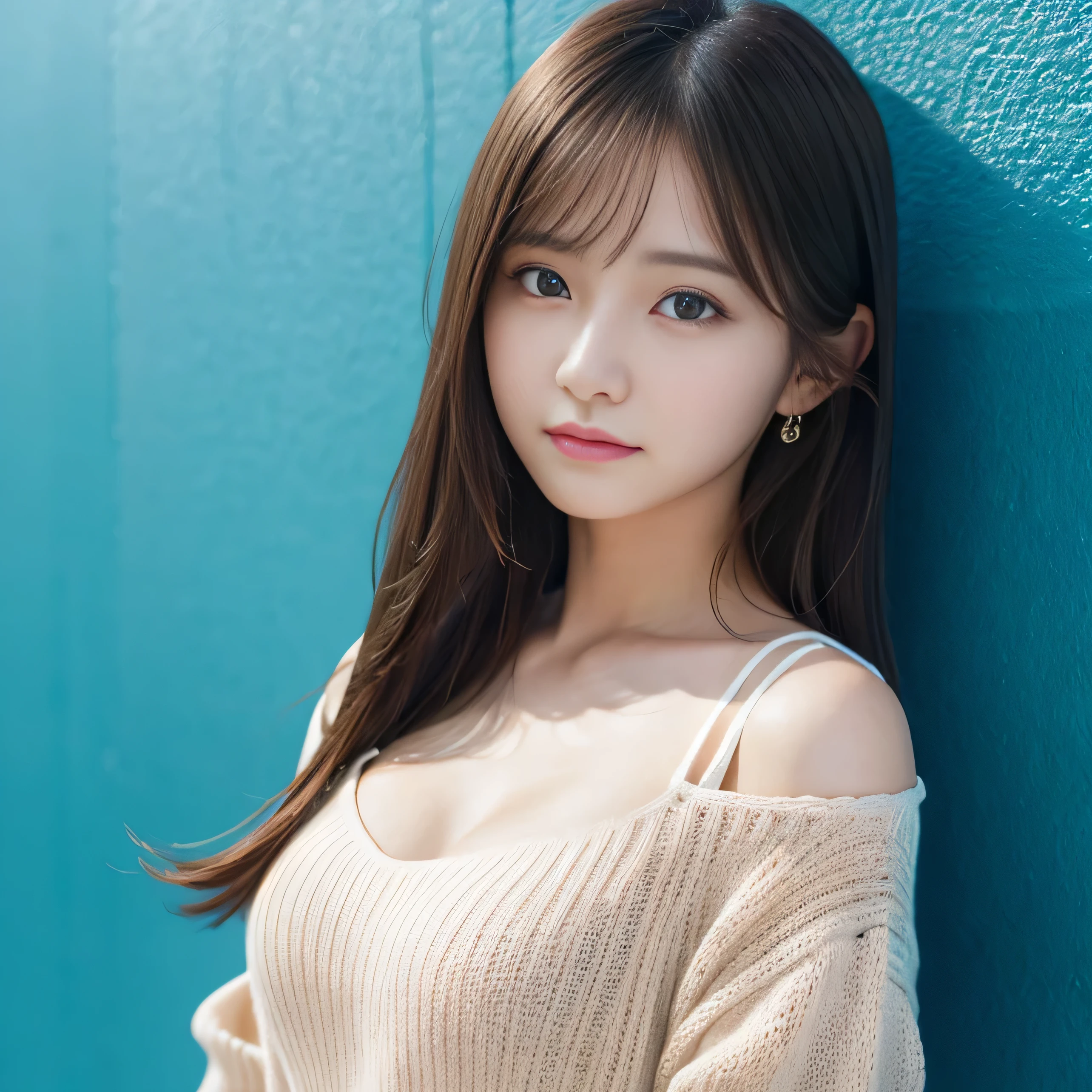 pieces fly、highest quality、figure、 Super detailed、small details、 High resolution、8K Dende Wallpaper、Perfect dynamic composition figure、24 year old beautiful girl、clear、detailed beautiful face、detailed beautiful eyes、rough skin、faint smile、small breasts、knit dress、Neon lights、blue background,whole body