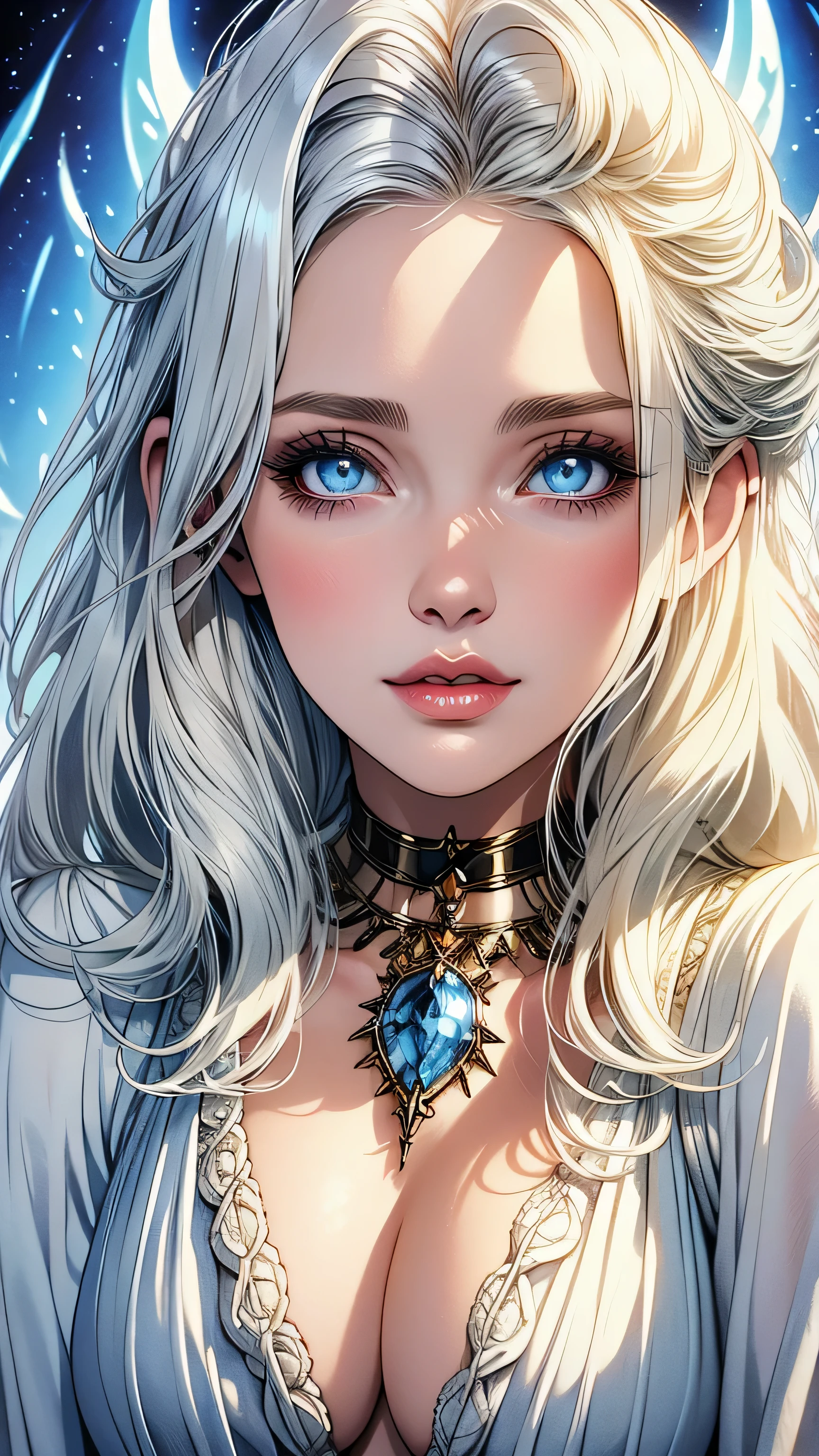 Beautiful woman, white hair, blue eyes, natural perfect breast, ((cleavage)), highly detailed, (fantasy background),, vintage, dark fantasy,, closeup portrait,,