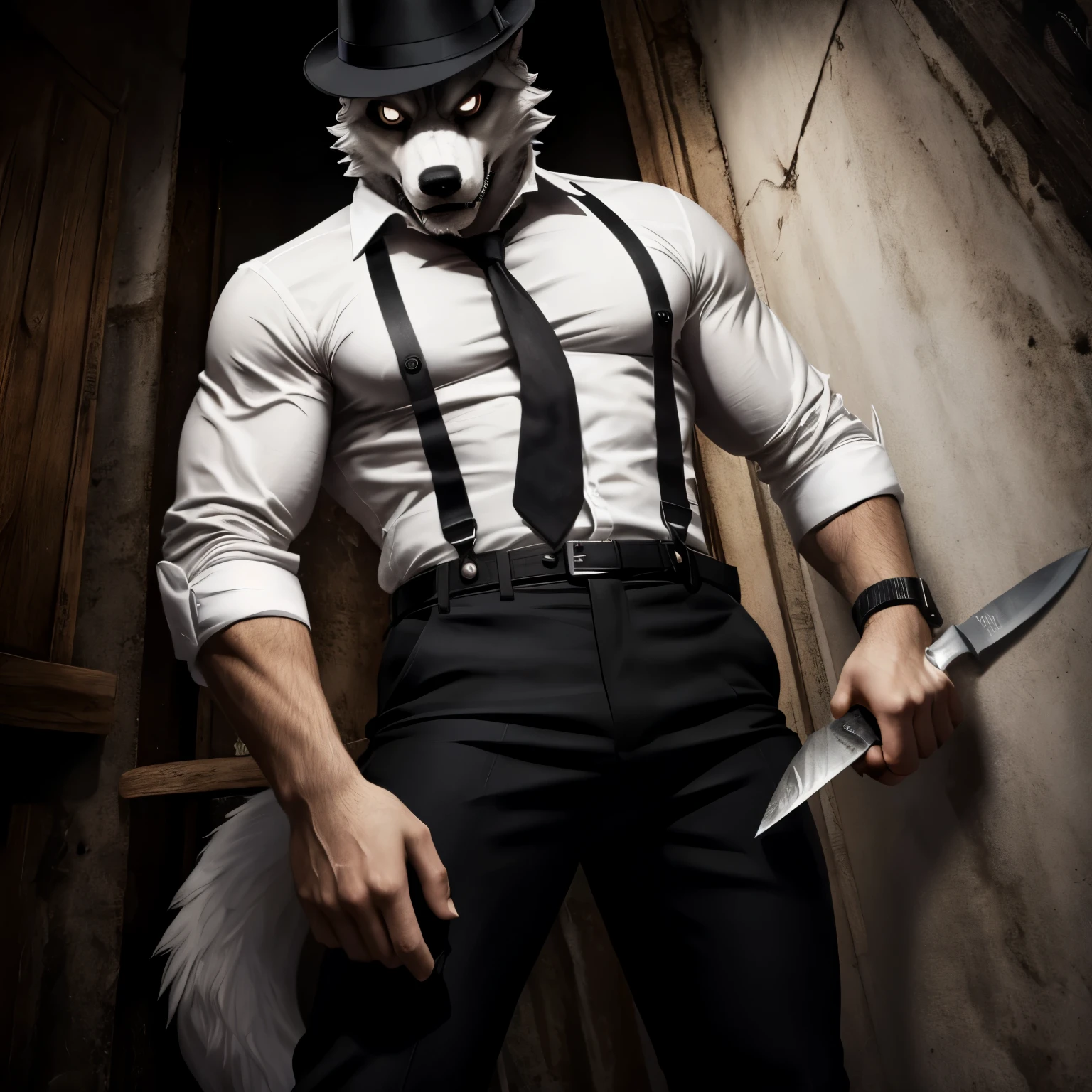 White furry anthropomorphic wolf, buffed body, white shirt with black straps, black fedora with white decoration. Creepy appearance, grabbing a knife, black pants, black eyes, creepy, killer vibes, mafia vibes