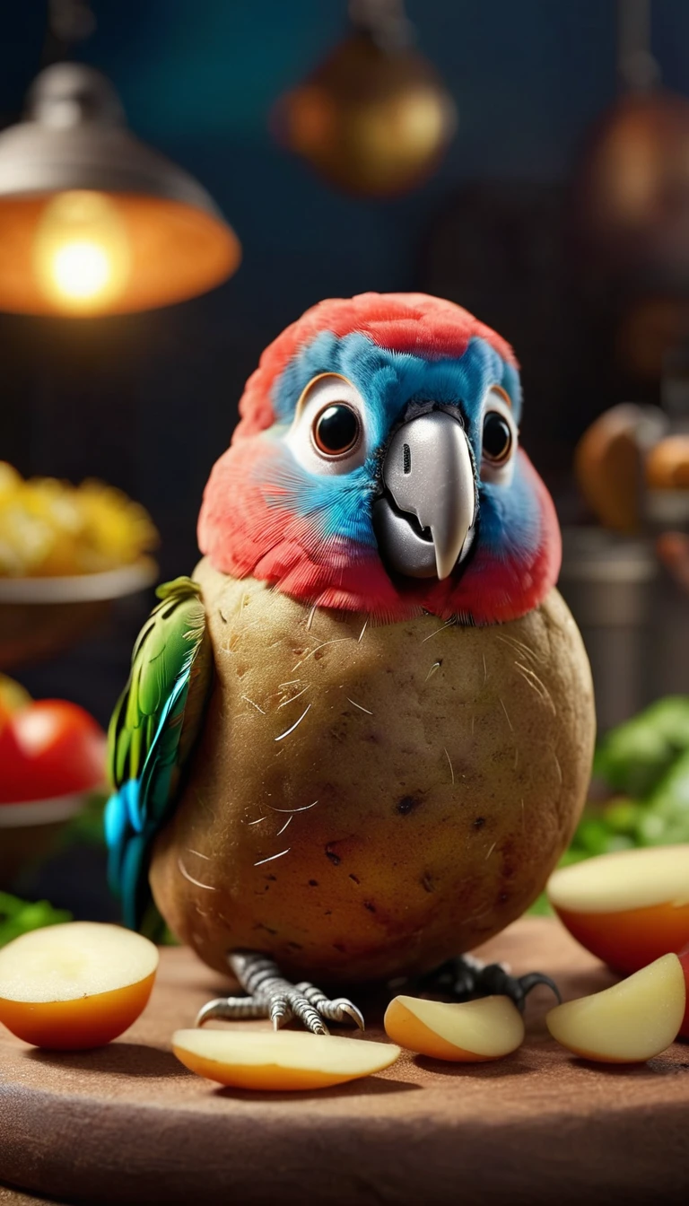 Foodpets Very cute and charming anthropomorphic potato parrot, Looking at the audience, Macro, Movie Lighting, Fantasy Art, Dynamic Synthesis, Epic reality, Award-winning illustrations
