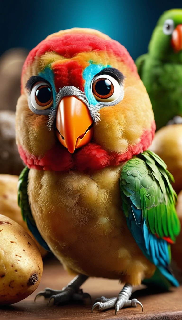 Foodpets Very cute and charming anthropomorphic potato parrot, Looking at the audience, Macro, Movie Lighting, Fantasy Art, Dynamic Synthesis, Epic reality, Award-winning illustrations