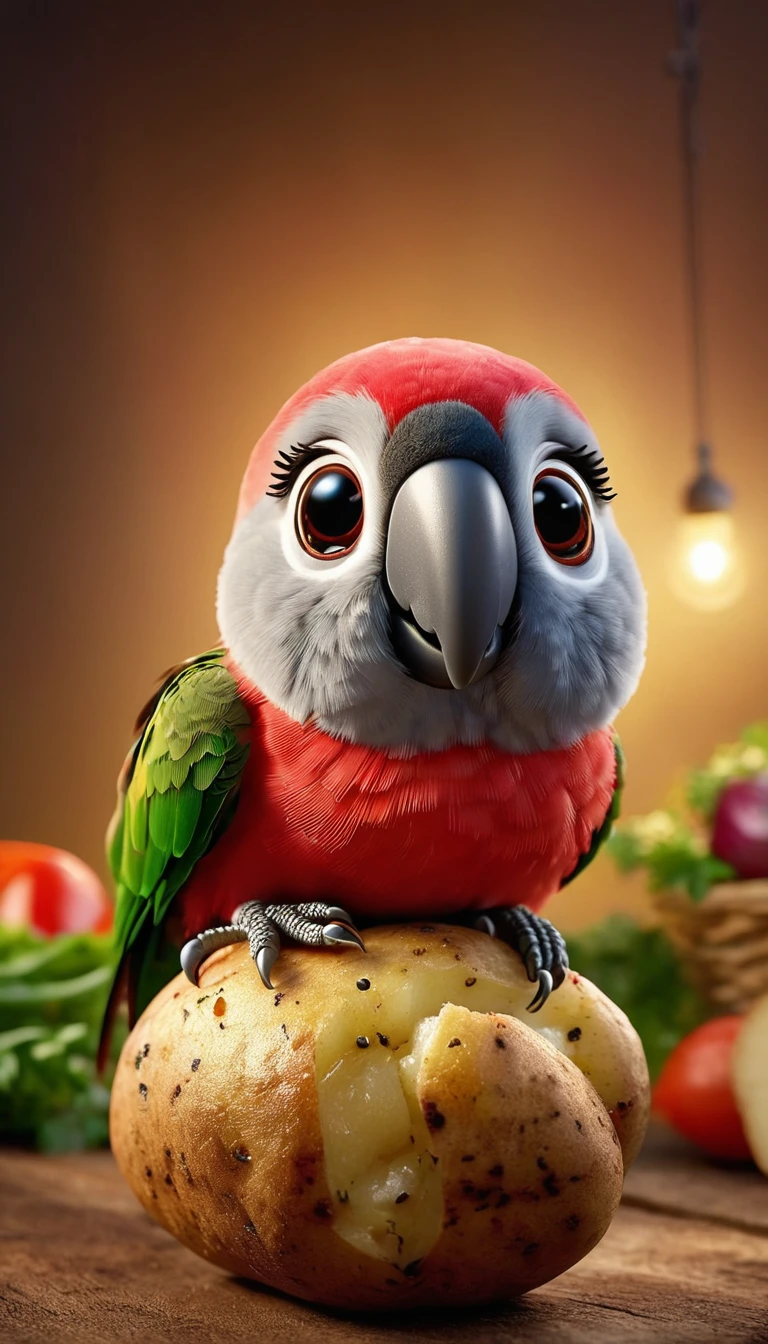 Foodpets Very cute and charming anthropomorphic potato parrot, Looking at the audience, Macro, Movie Lighting, Fantasy Art, Dynamic Synthesis, Epic reality, Award-winning illustrations