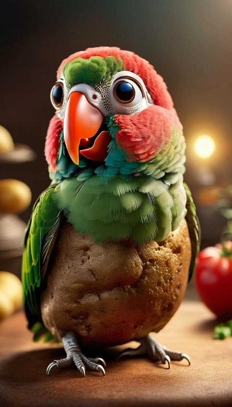 Foodpets Very cute and charming anthropomorphic potato parrot, Looking at the audience, Macro, Movie Lighting, Fantasy Art, Dynamic Synthesis, Epic reality, Award-winning illustrations