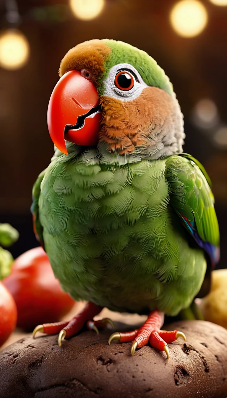Foodpets Very cute and charming anthropomorphic potato parrot, Looking at the audience, Macro, Movie Lighting, Fantasy Art, Dynamic Synthesis, Epic reality, Award-winning illustrations